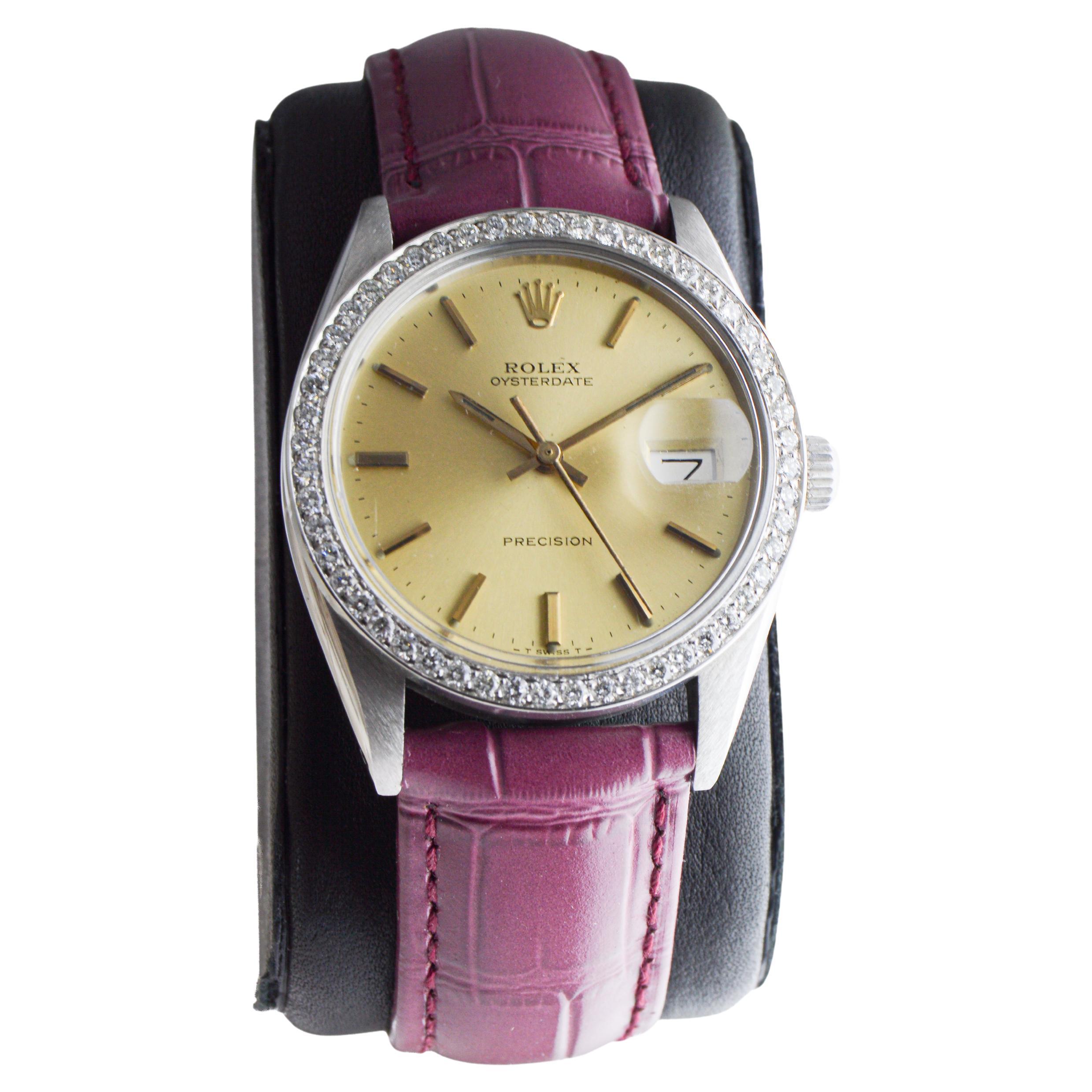 Rolex Oysterdate de acero con bisel de diamantes hecho a medida y esfera original Años 70 en venta 1