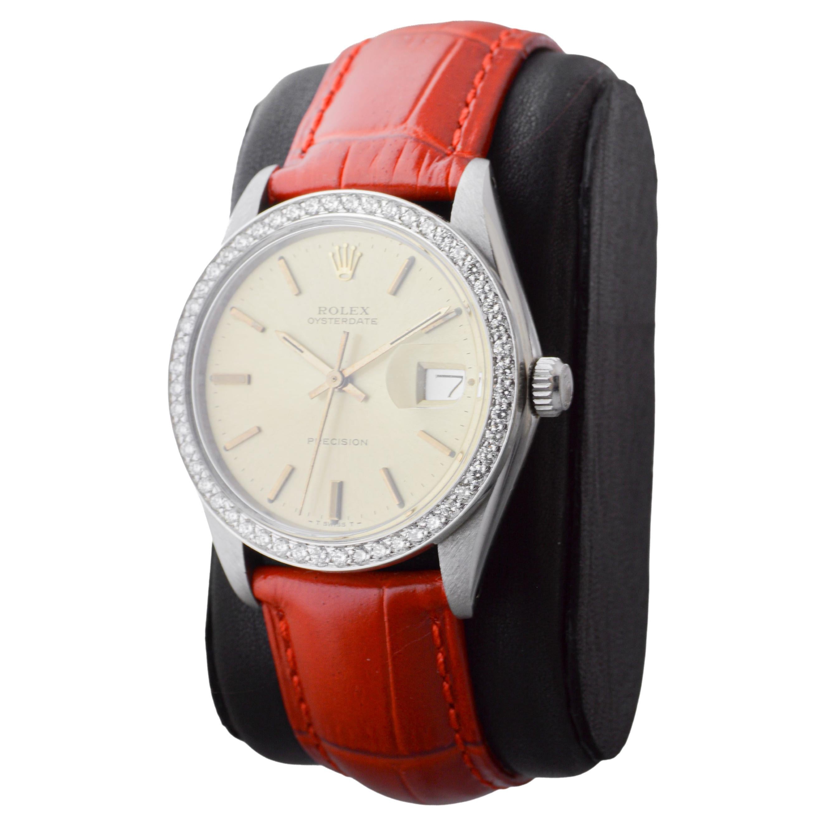 Rolex Oysterdate de acero con bisel de diamantes hecho a medida y esfera original Años 70 en venta 2