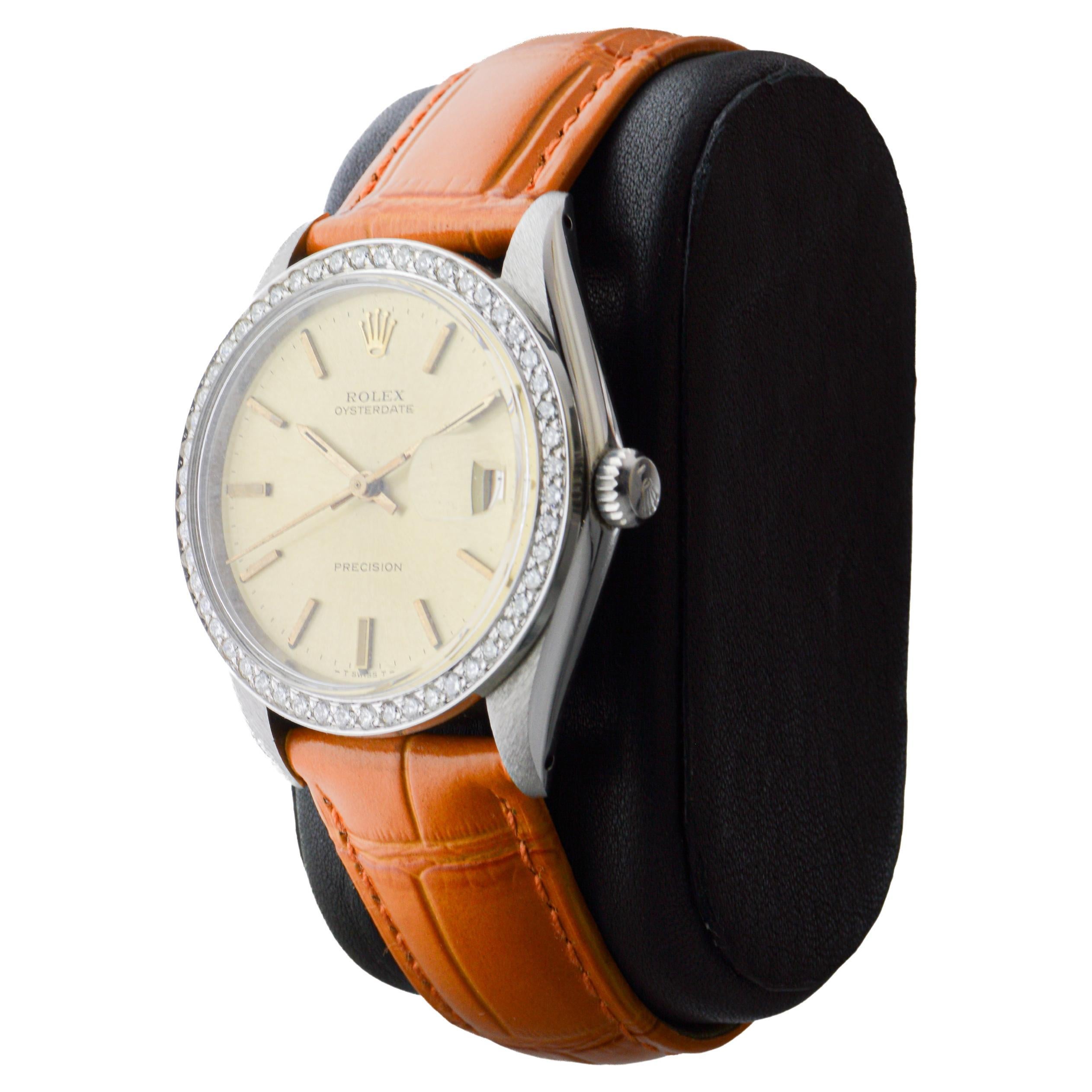 Rolex Oysterdate in acciaio con lunetta di diamanti personalizzata e quadrante originale degli anni '70 in vendita 2