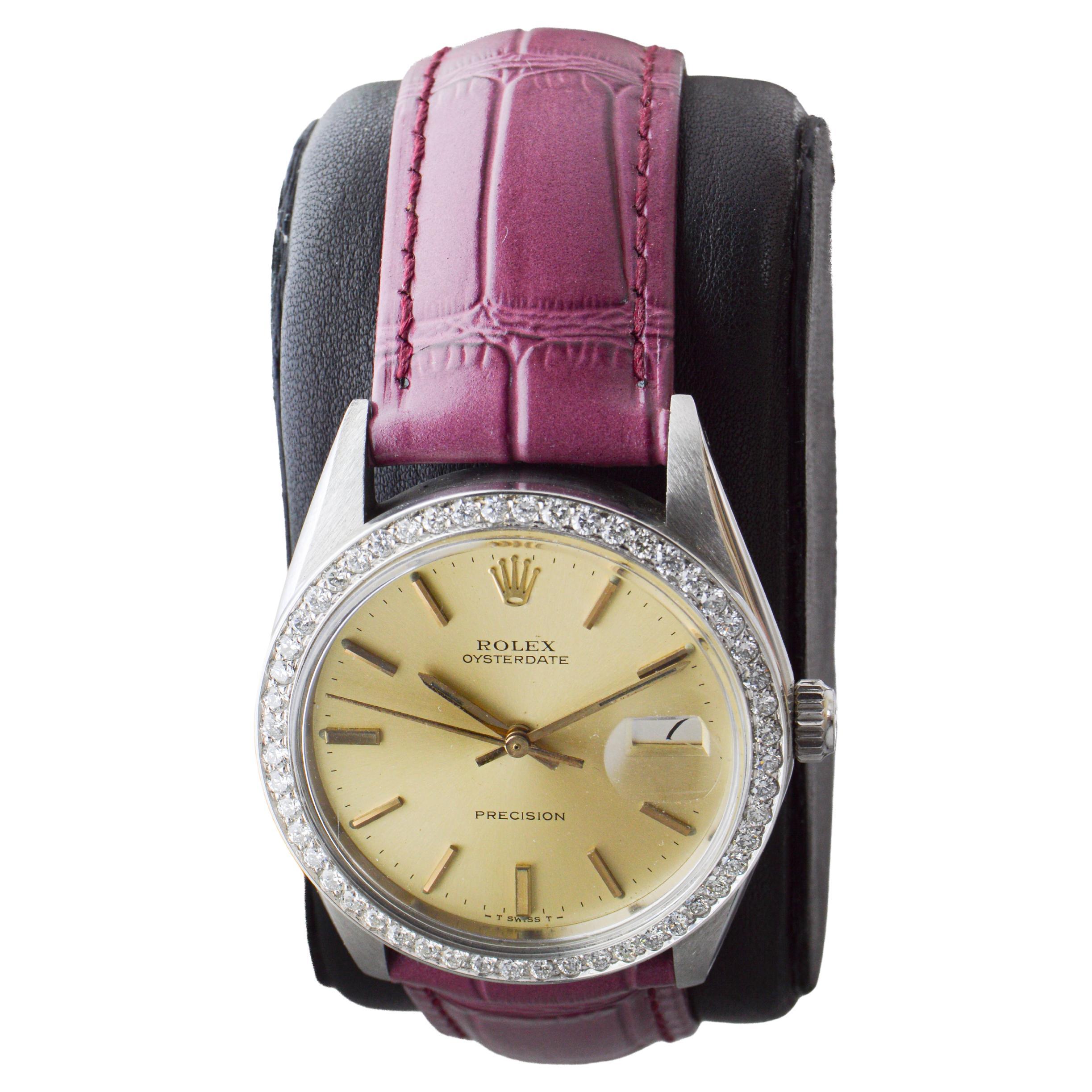 Rolex Oysterdate de acero con bisel de diamantes hecho a medida y esfera original Años 70 en venta 2