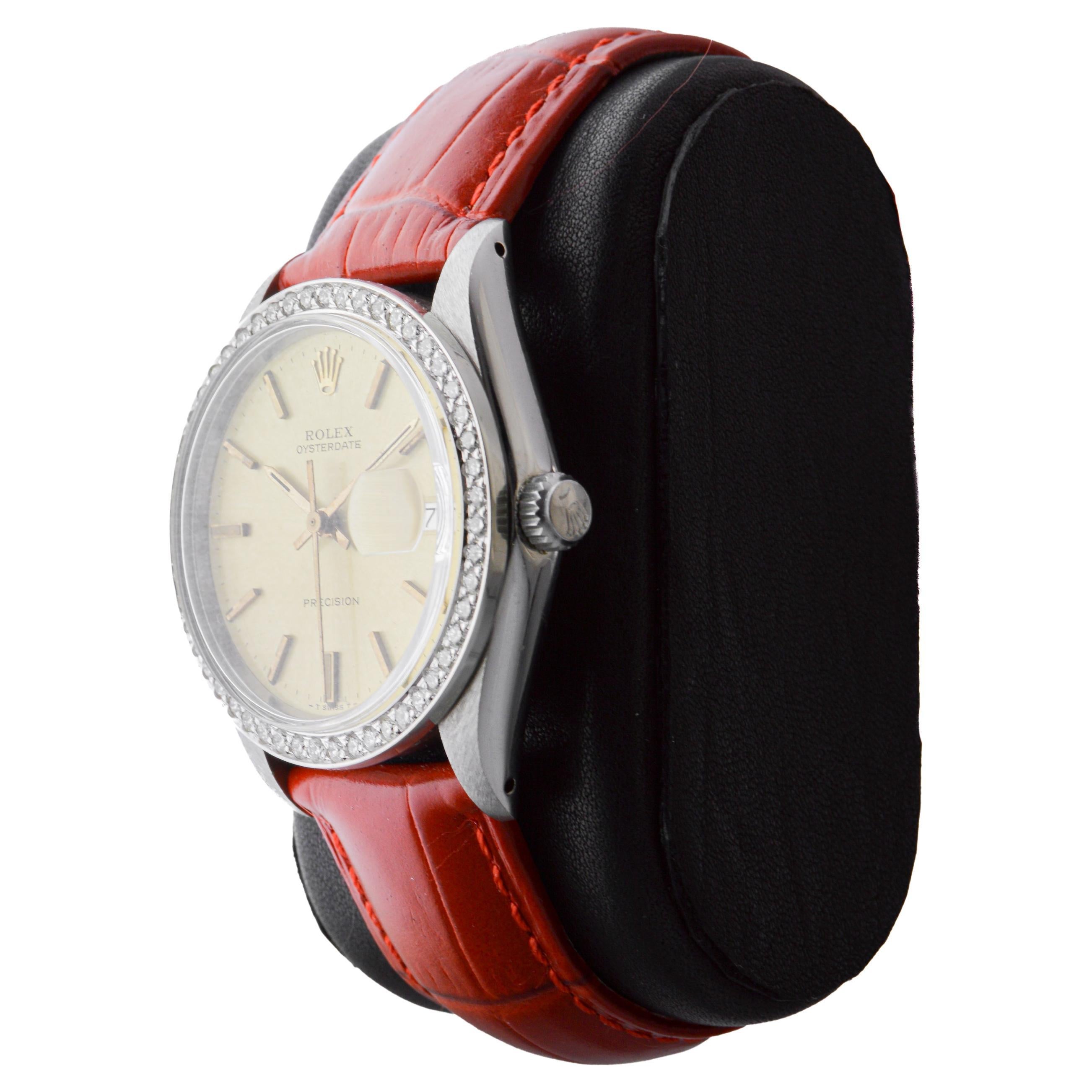 Rolex Oysterdate de acero con bisel de diamantes hecho a medida y esfera original Años 70 en venta 3