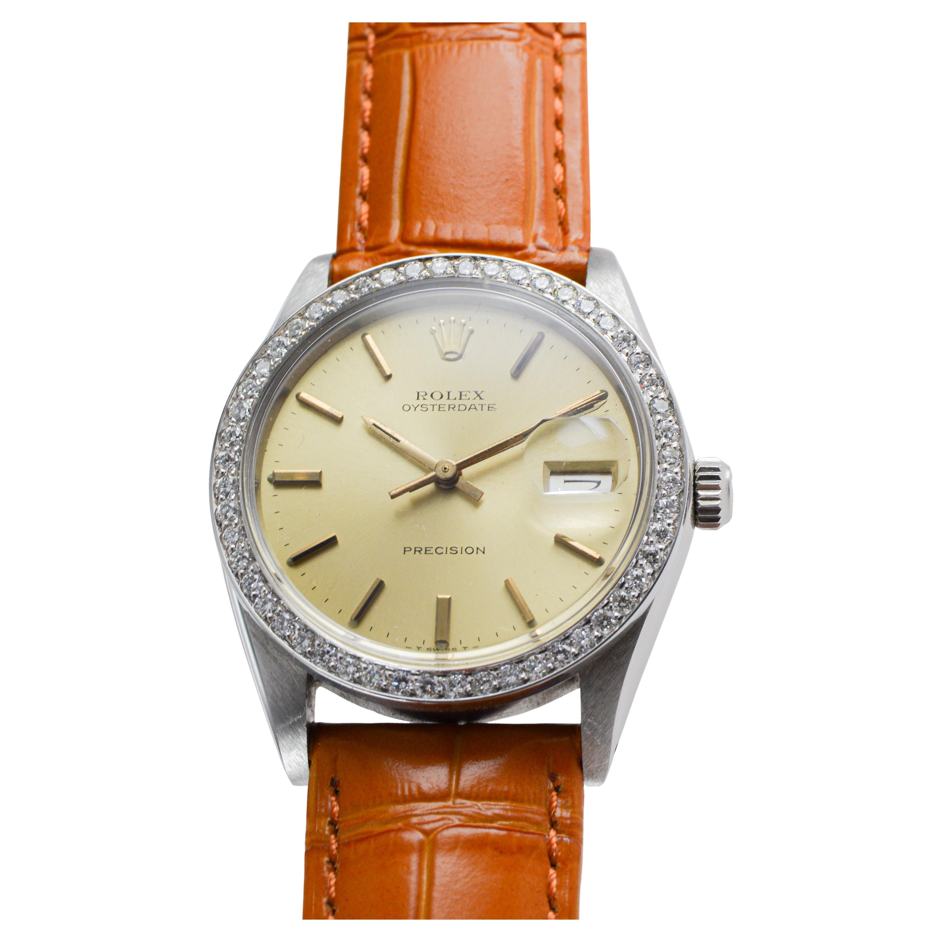 Rolex Oysterdate in acciaio con lunetta di diamanti personalizzata e quadrante originale degli anni '70 in vendita 3