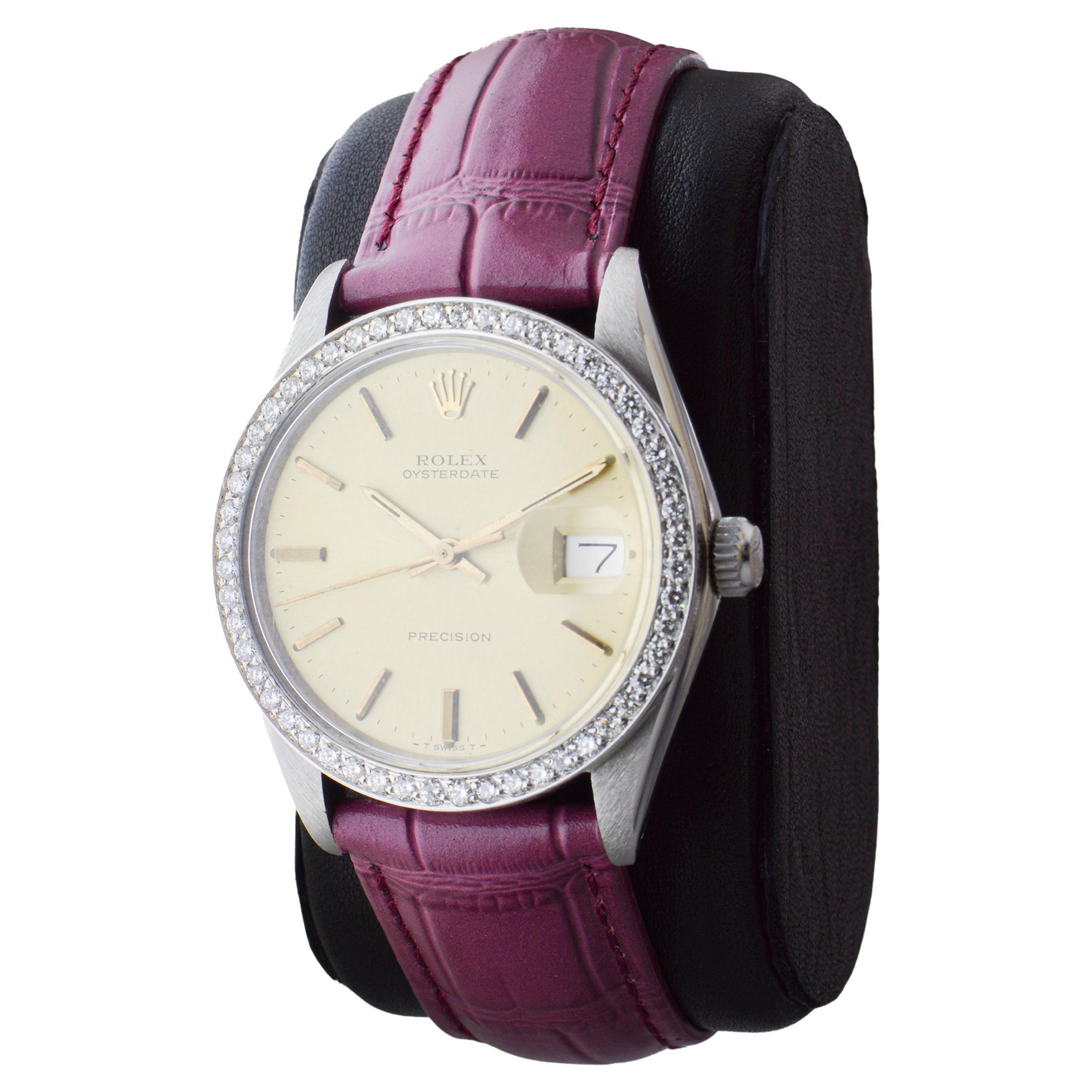 Rolex Oysterdate de acero con bisel de diamantes hecho a medida y esfera original Años 70 en venta 3