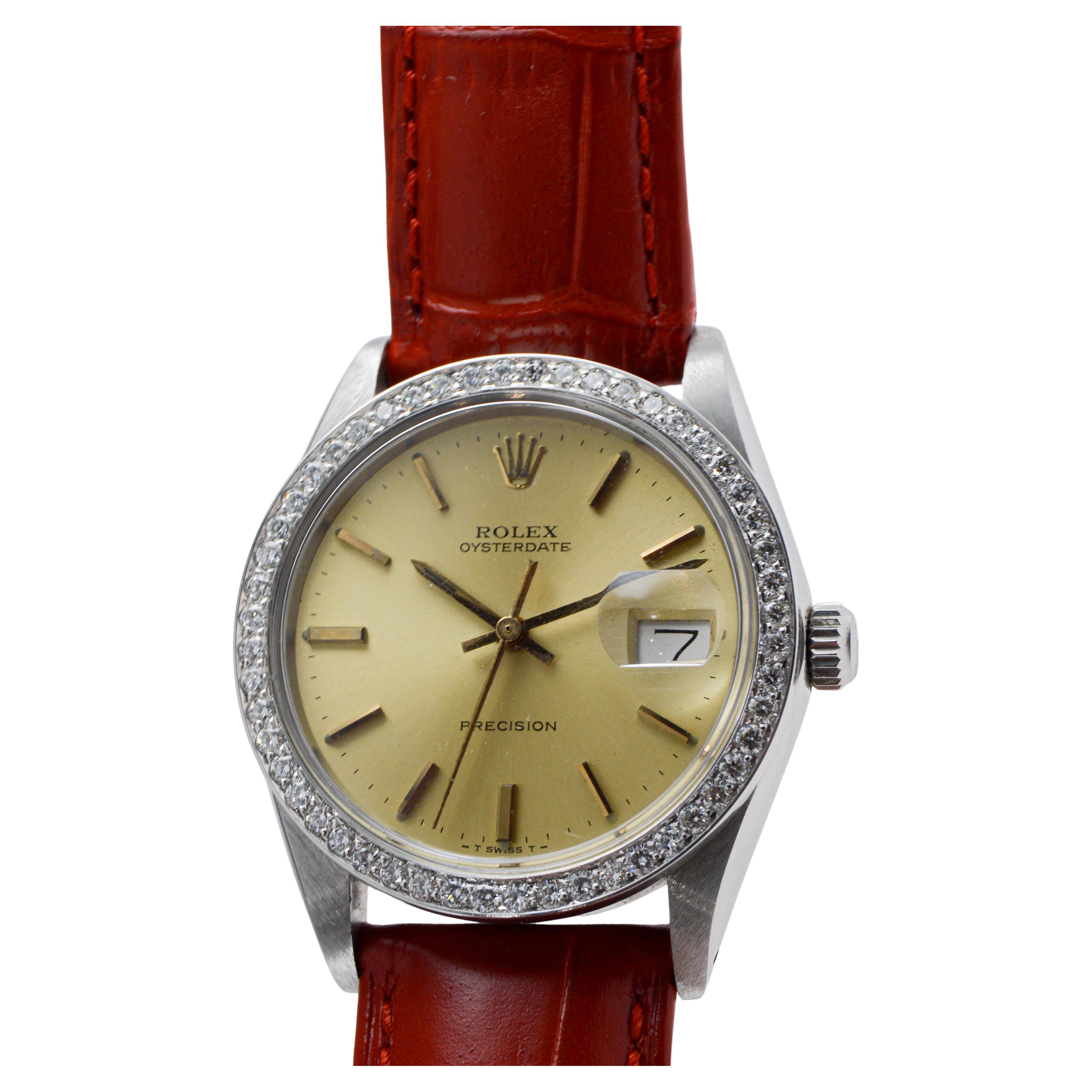 Rolex Oysterdate de acero con bisel de diamantes hecho a medida y esfera original Años 70 en venta 4