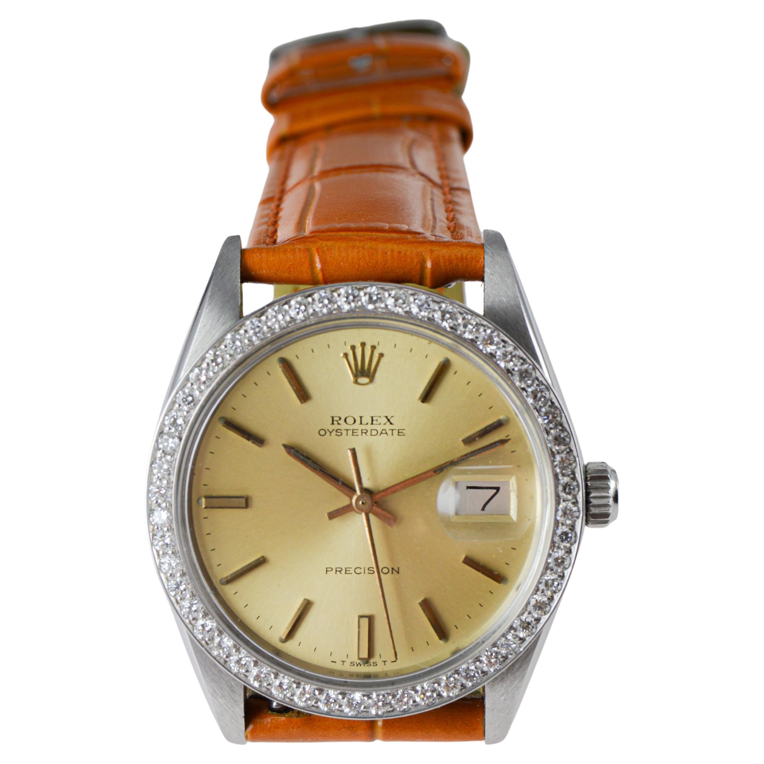 Rolex Oysterdate in acciaio con lunetta di diamanti personalizzata e quadrante originale degli anni '70 in vendita 4