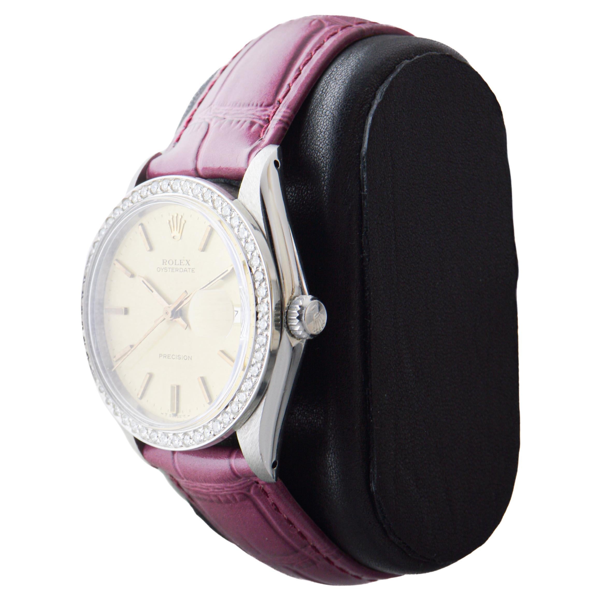 Rolex Oysterdate de acero con bisel de diamantes hecho a medida y esfera original Años 70 en venta 4