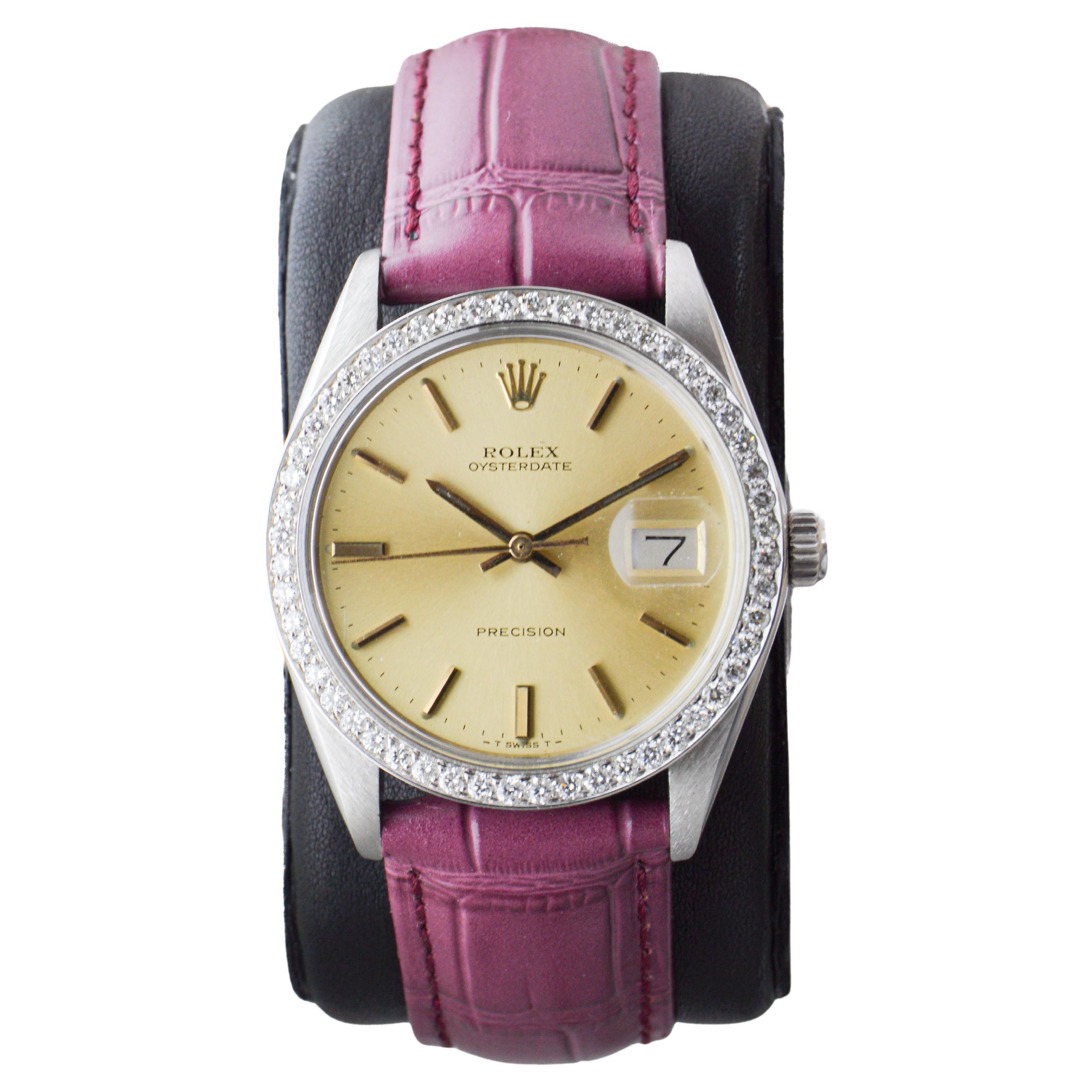 Rolex Oysterdate de acero con bisel de diamantes hecho a medida y esfera original Años 70 en venta