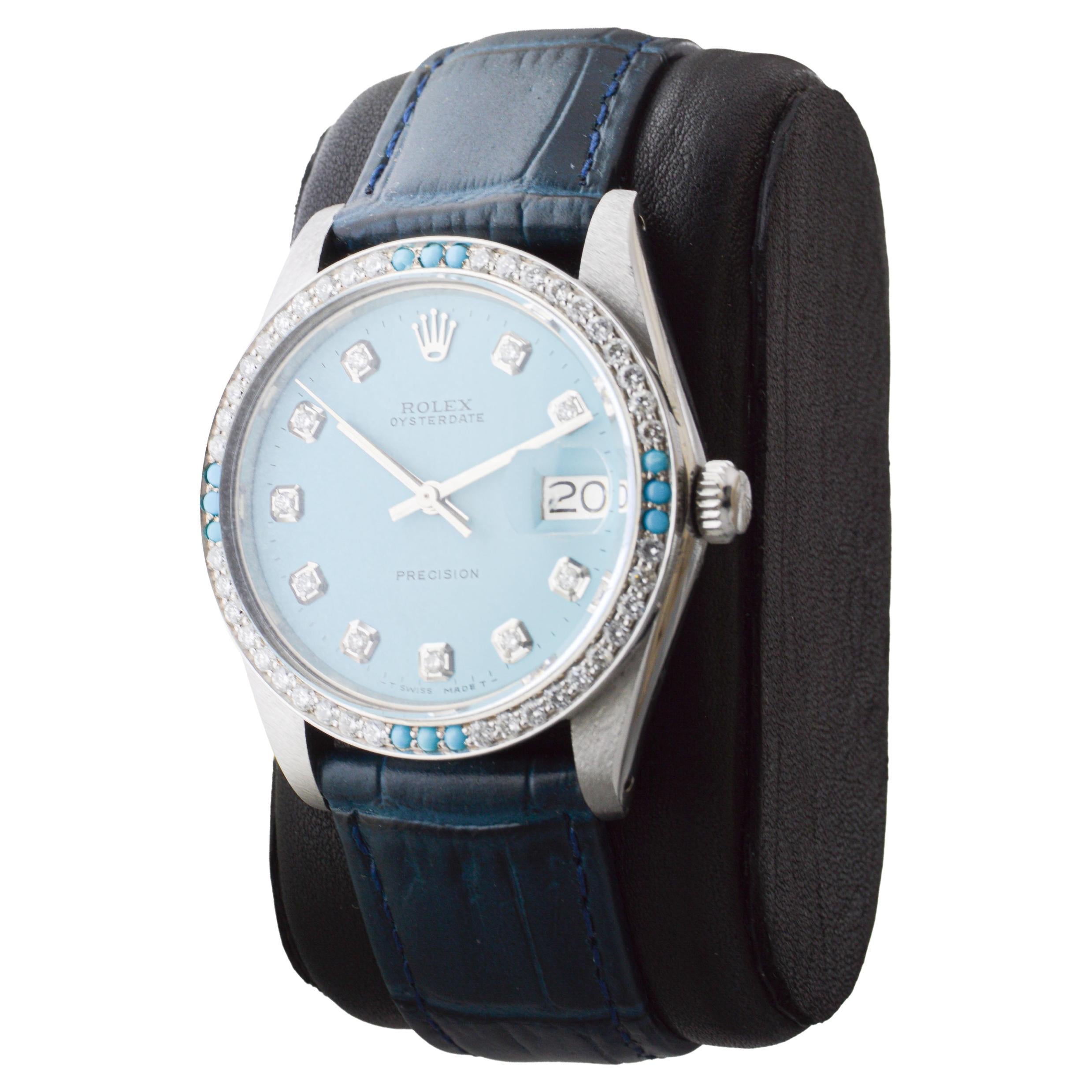 Rolex Steel Oysterdate with Custom Made Rolex Blue Dial and Diamond Bezel For Sale 5