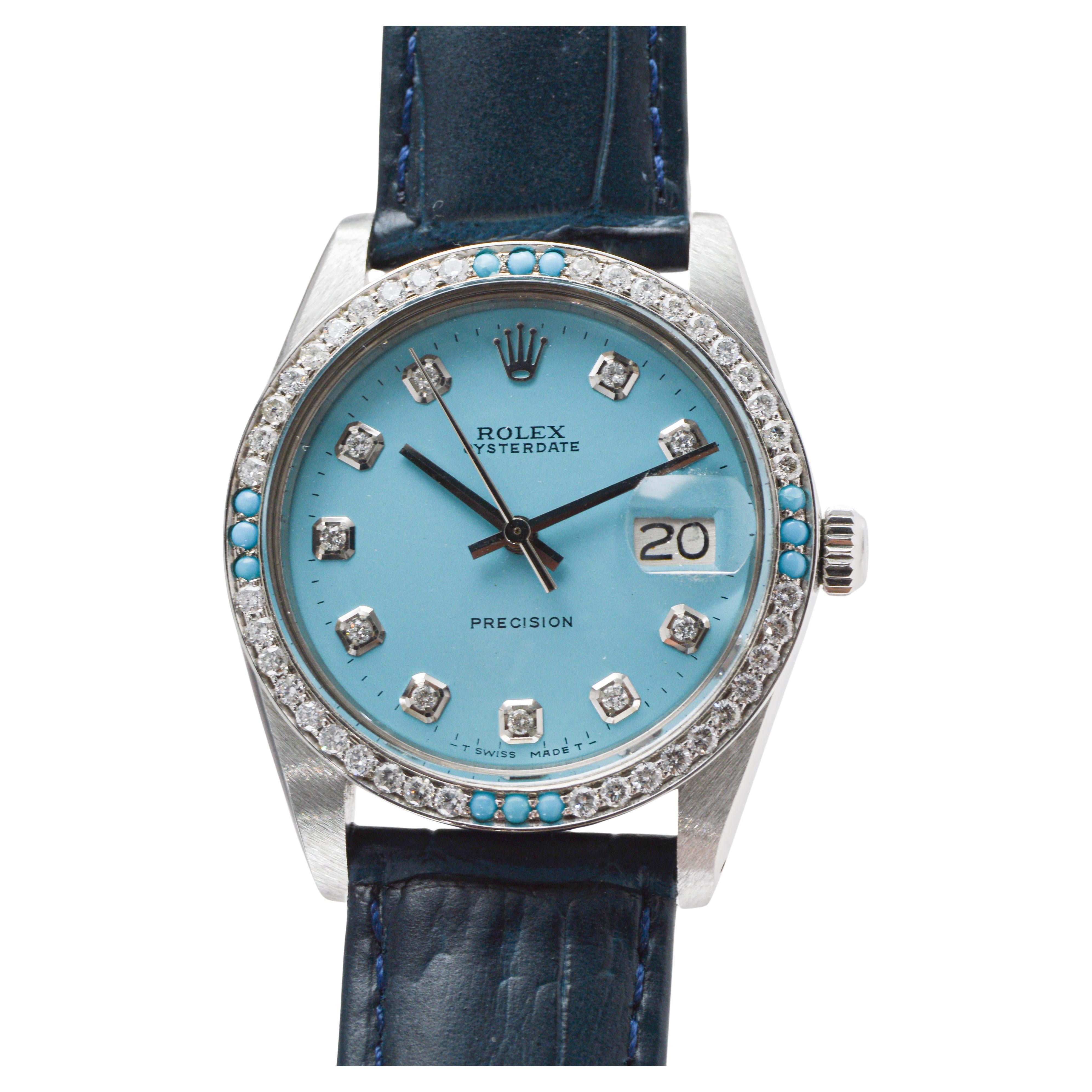 Rolex Steel Oysterdate with Custom Made Rolex Blue Dial and Diamond Bezel For Sale 6