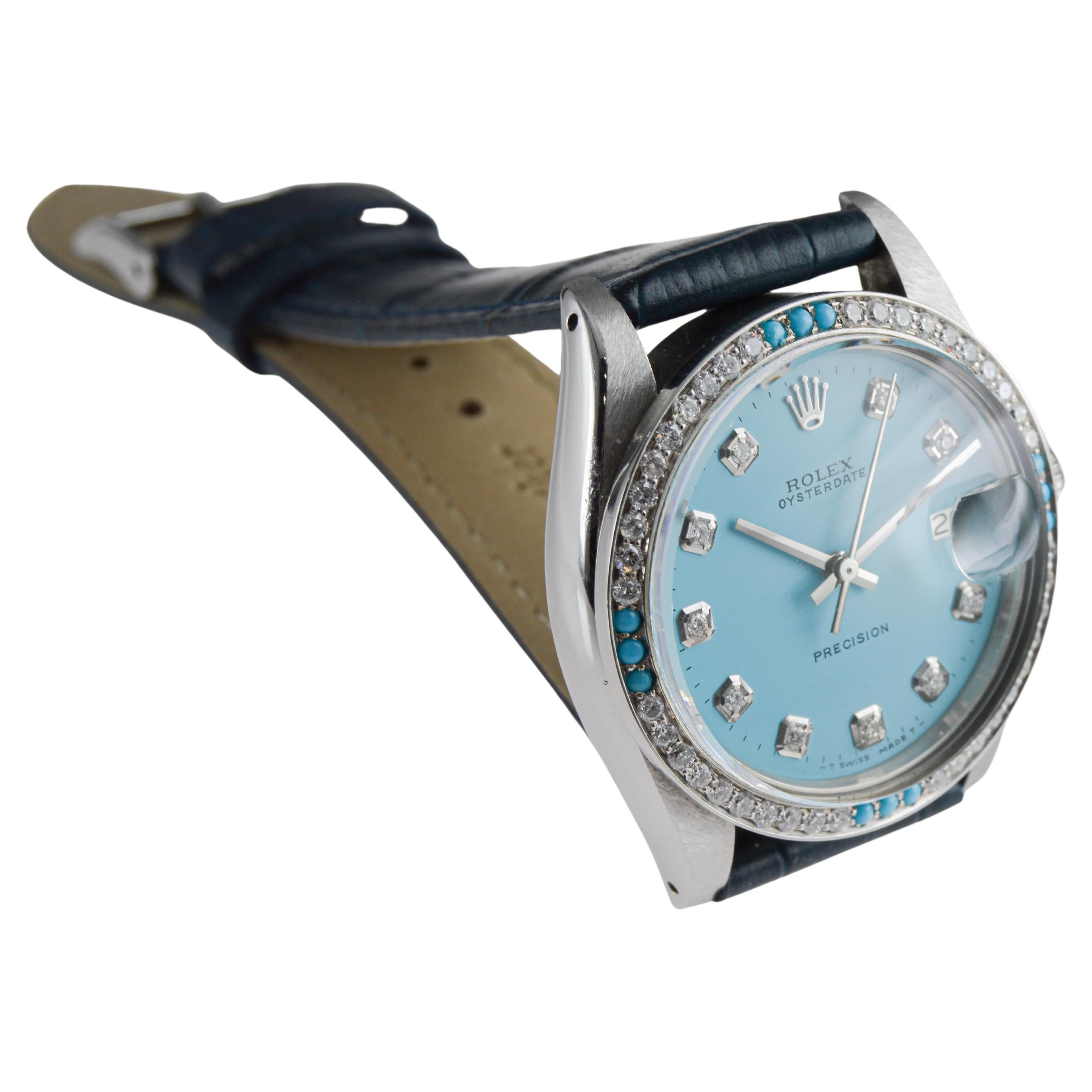 Rolex Steel Oysterdate with Custom Made Rolex Blue Dial and Diamond Bezel For Sale 7