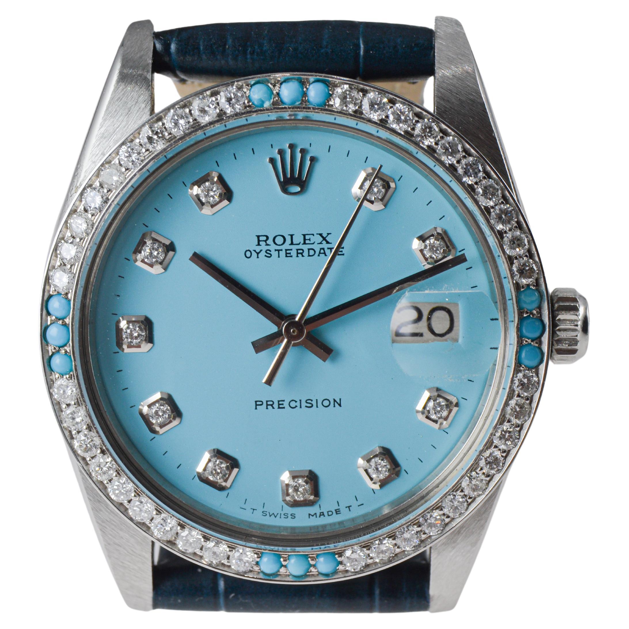 Rolex Steel Oysterdate with Custom Made Rolex Blue Dial and Diamond Bezel For Sale 8