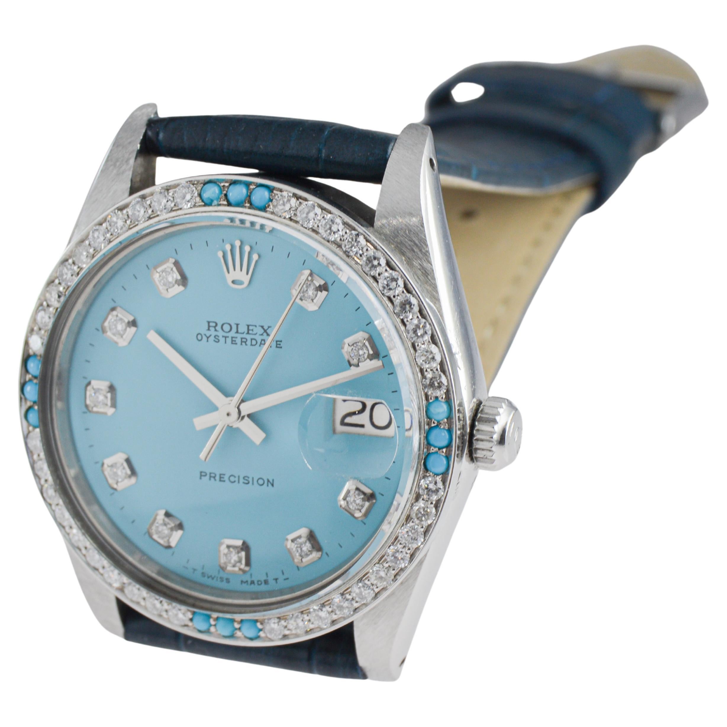 Rolex Steel Oysterdate with Custom Made Rolex Blue Dial and Diamond Bezel For Sale 9