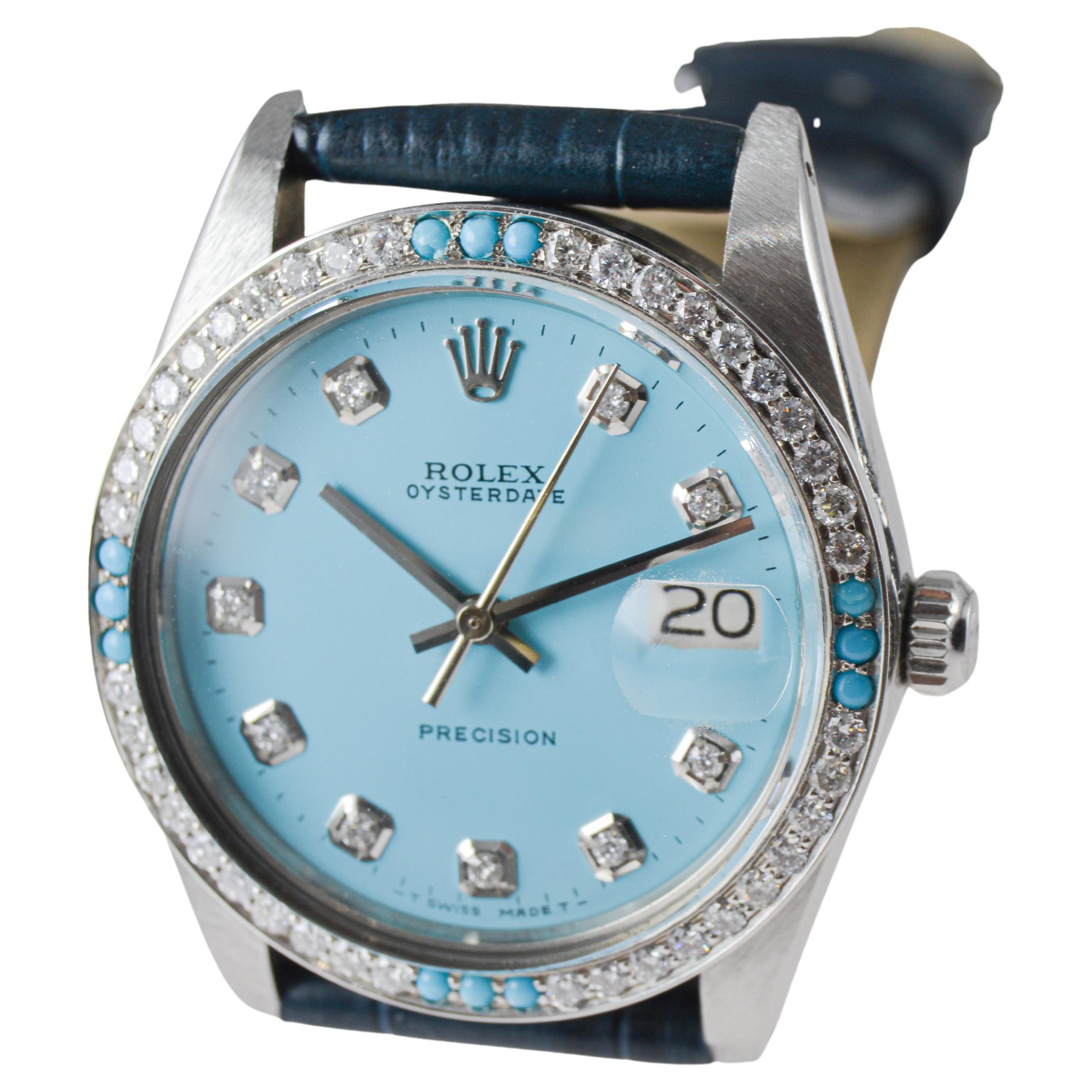 Rolex Steel Oysterdate with Custom Made Rolex Blue Dial and Diamond Bezel For Sale 10