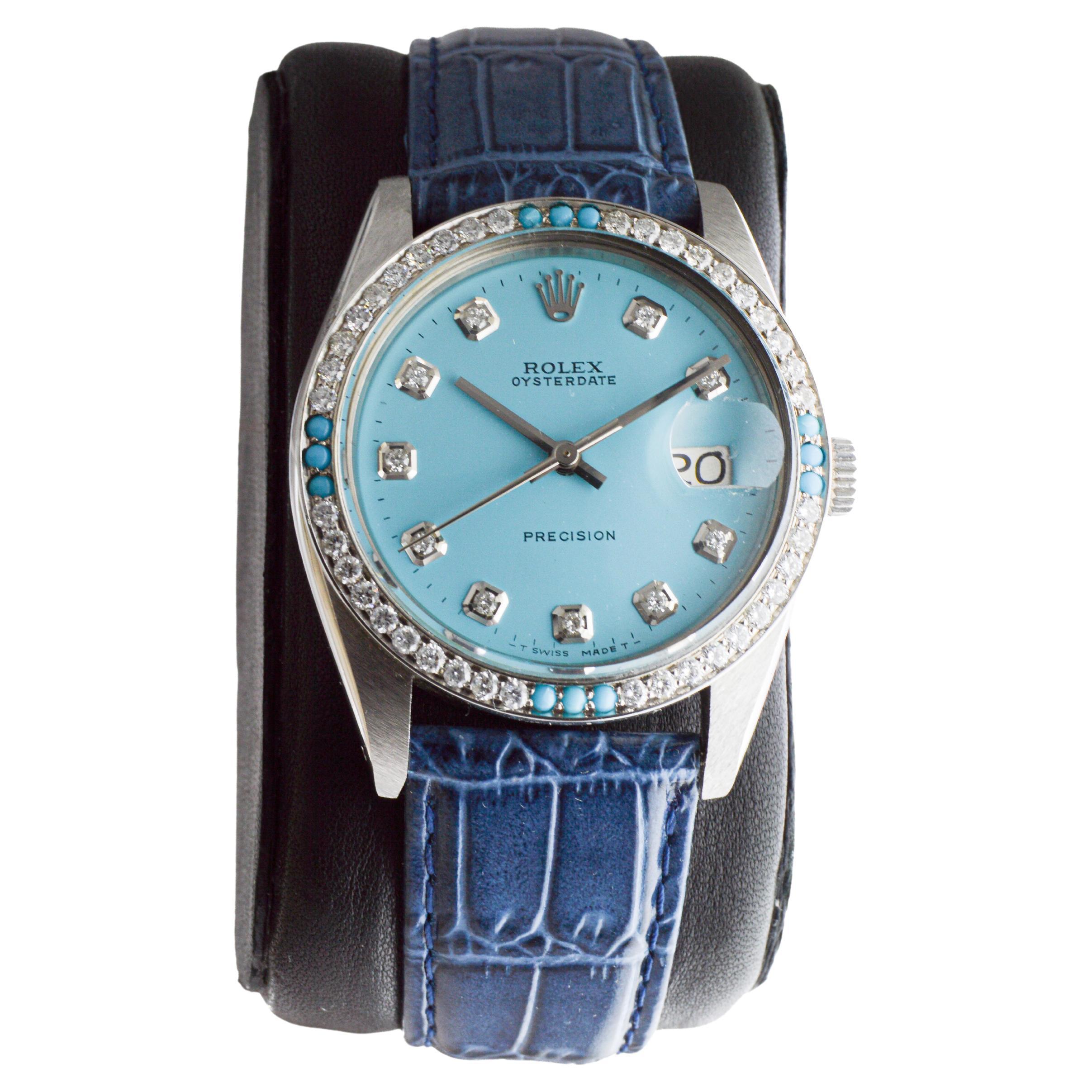 Modern Rolex Steel Oysterdate with Custom Made Rolex Blue Dial and Diamond Bezel For Sale