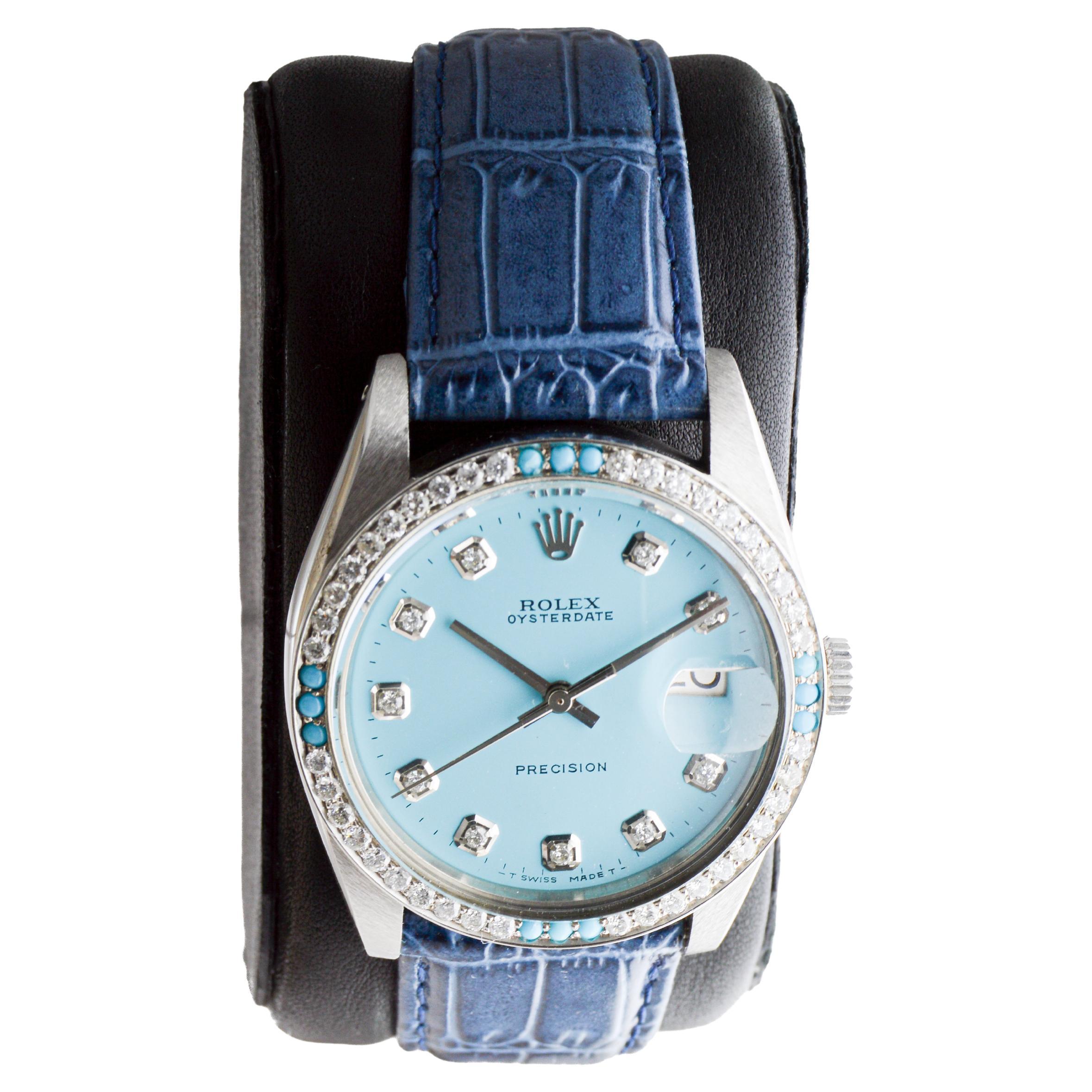 Rolex Steel Oysterdate with Custom Made Rolex Blue Dial and Diamond Bezel In Excellent Condition For Sale In Long Beach, CA