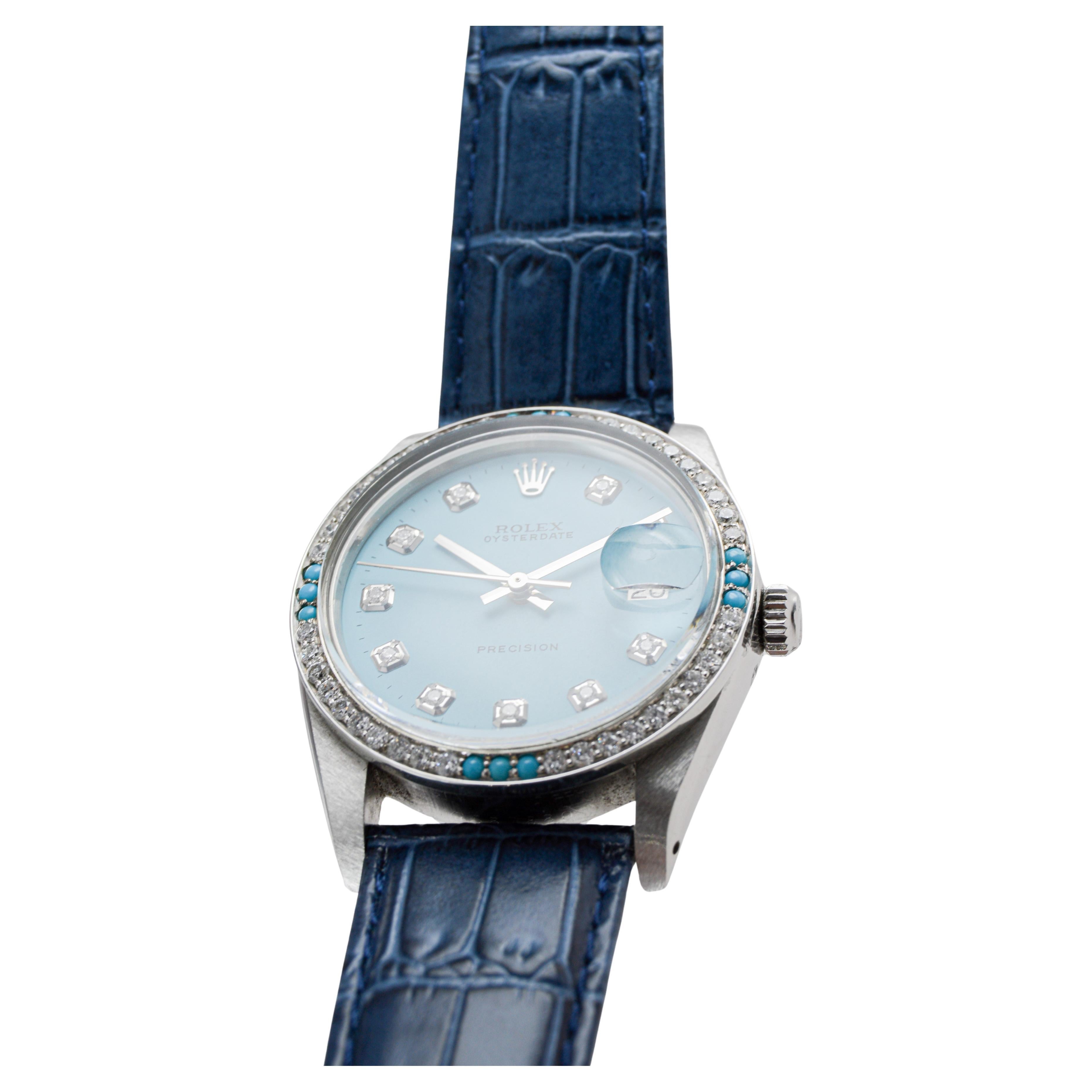 Women's or Men's Rolex Steel Oysterdate with Custom Made Rolex Blue Dial and Diamond Bezel For Sale