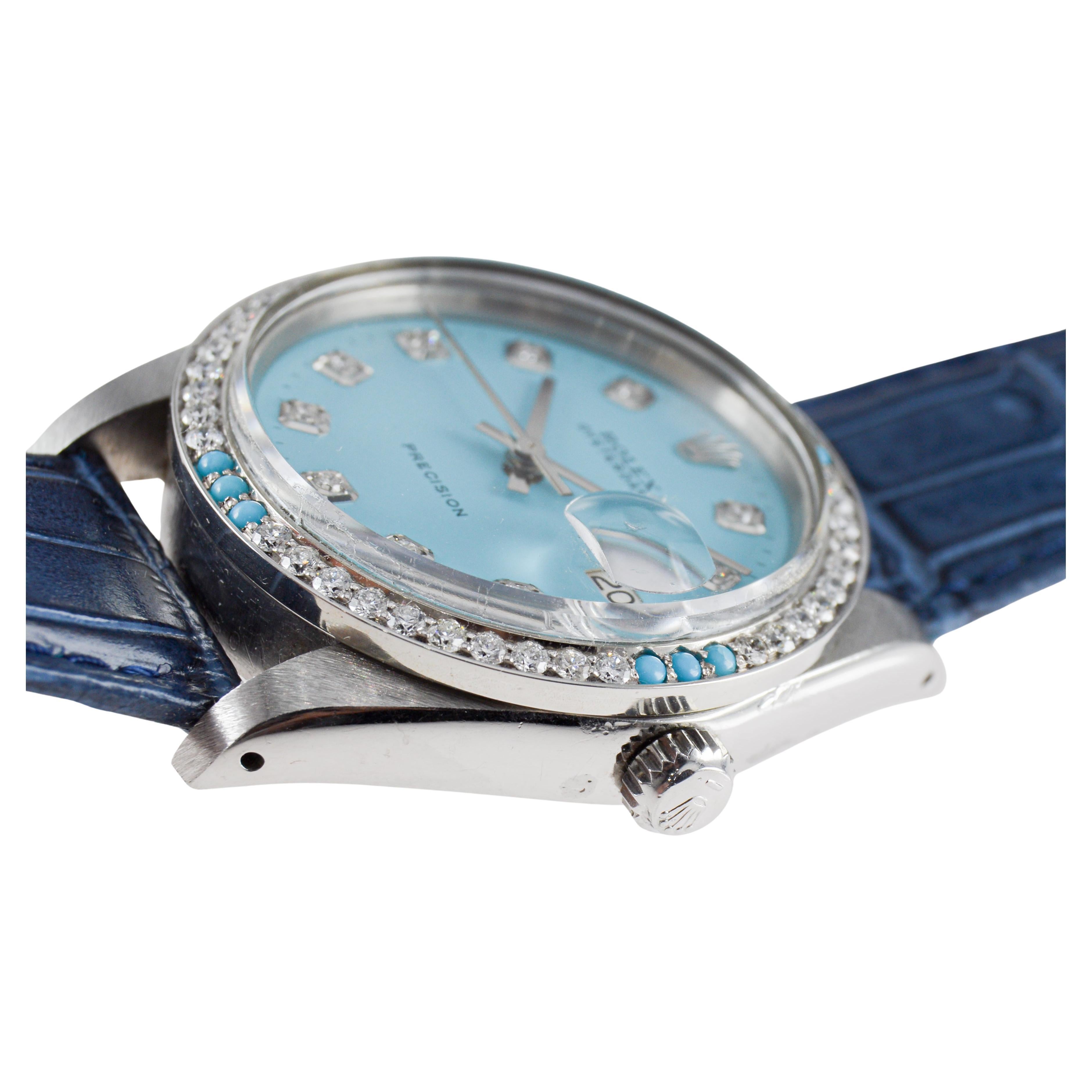 Rolex Steel Oysterdate with Custom Made Rolex Blue Dial and Diamond Bezel For Sale 1