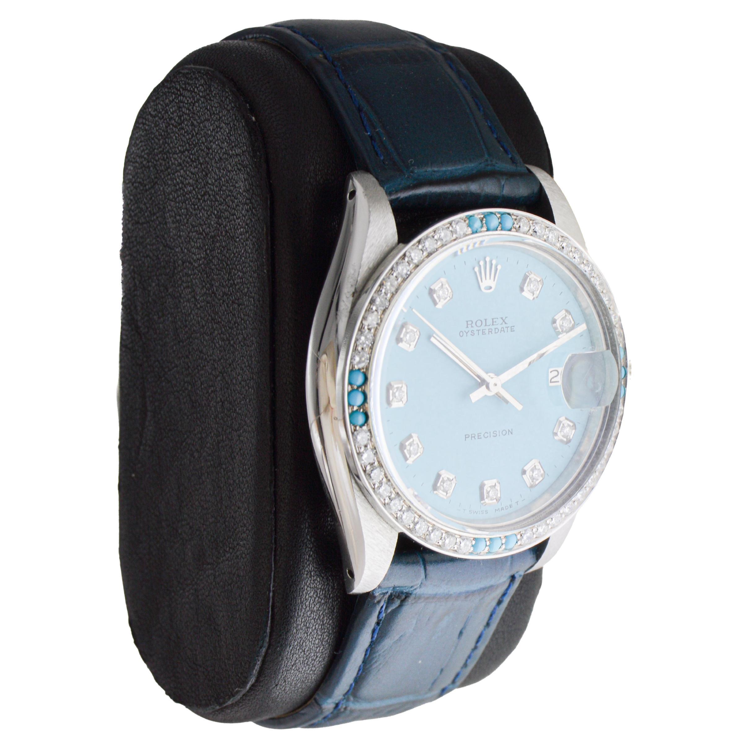 Rolex Steel Oysterdate with Custom Made Rolex Blue Dial and Diamond Bezel For Sale 2