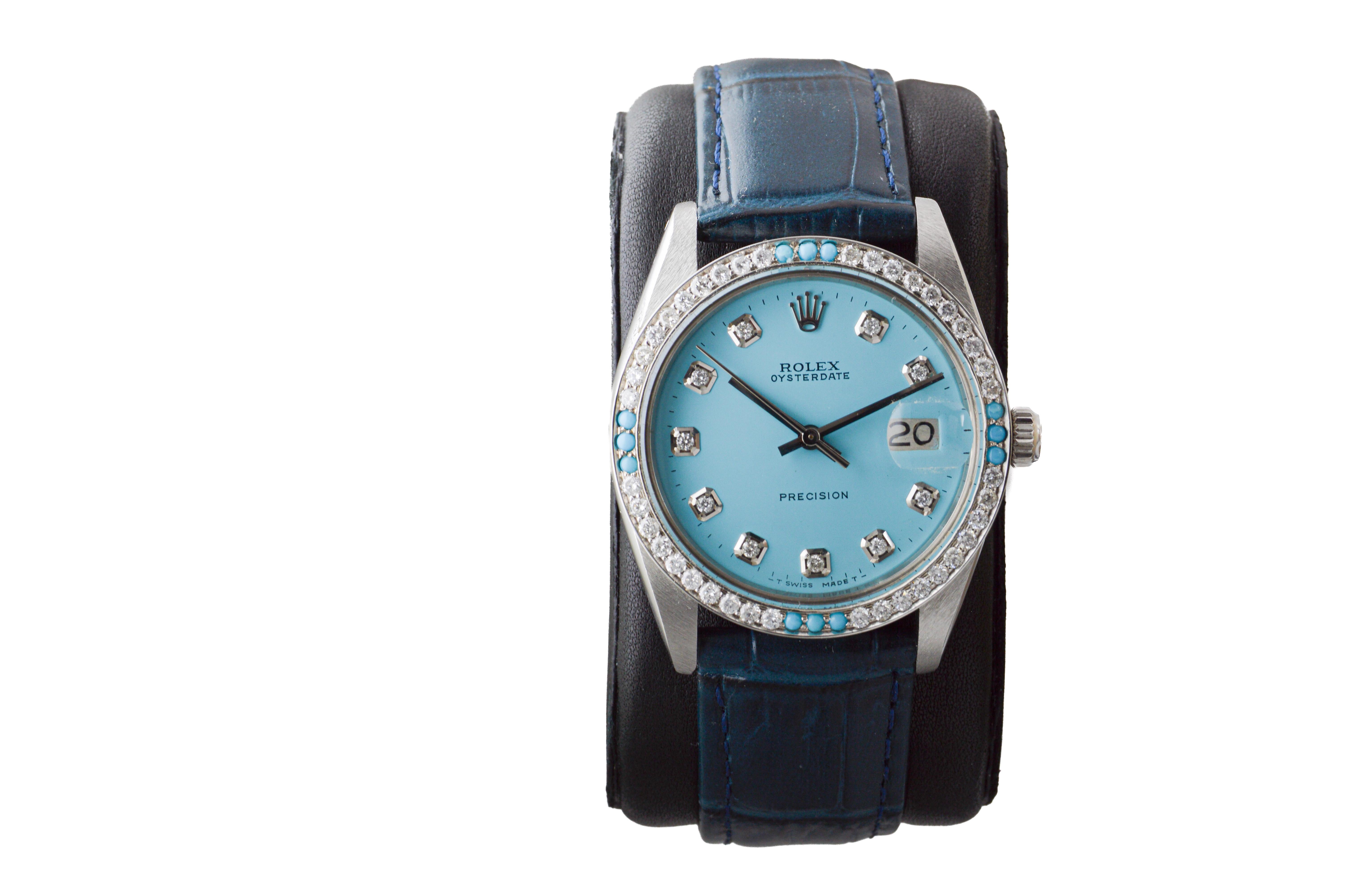 Rolex Steel Oysterdate with Custom Made Rolex Blue Dial and Diamond Bezel For Sale 3