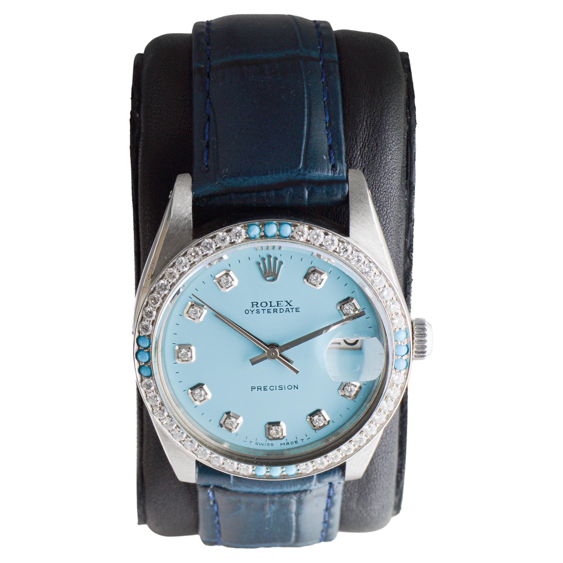 Rolex Steel Oysterdate with Custom Made Rolex Blue Dial and Diamond Bezel For Sale 4