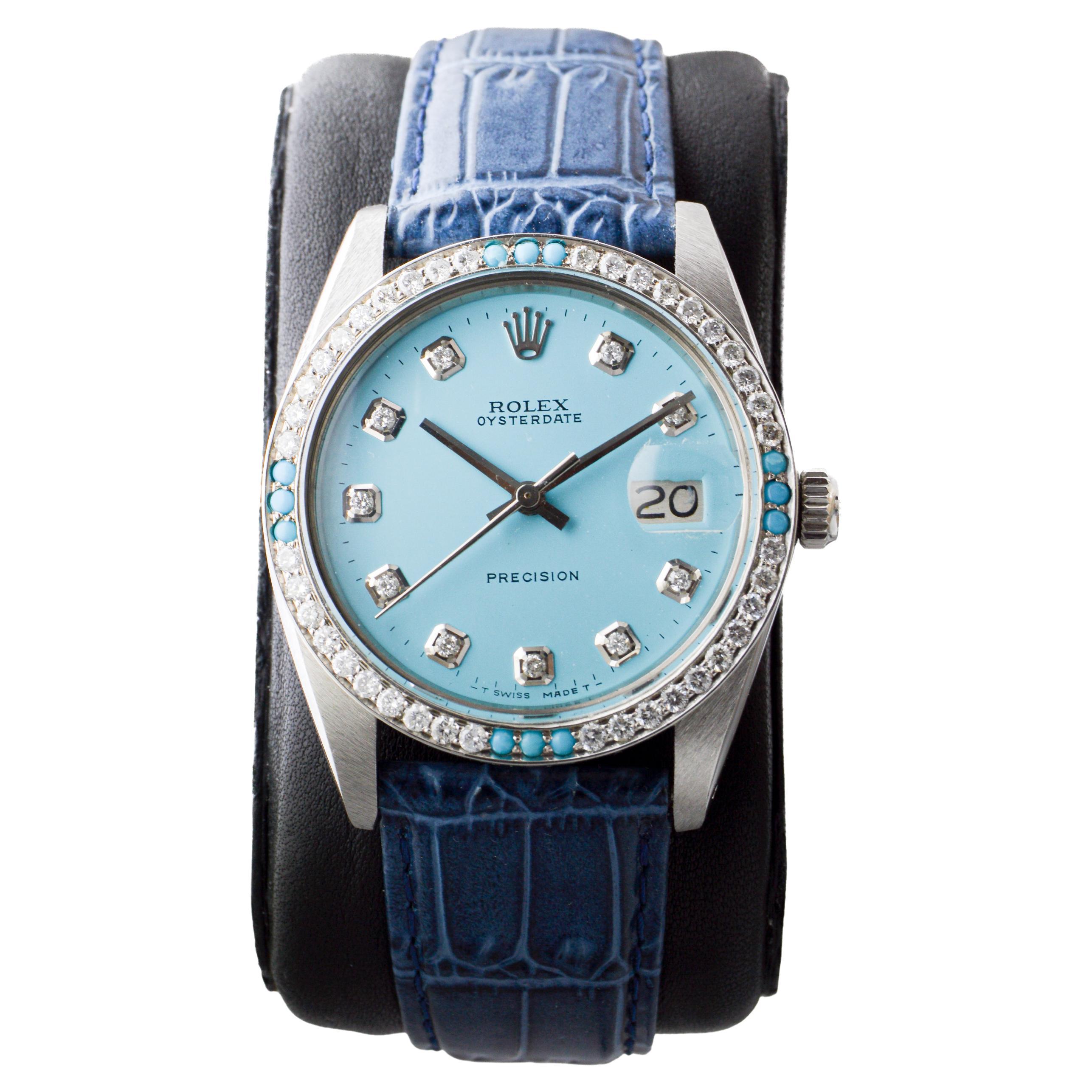 Rolex Steel Oysterdate with Custom Made Rolex Blue Dial and Diamond Bezel