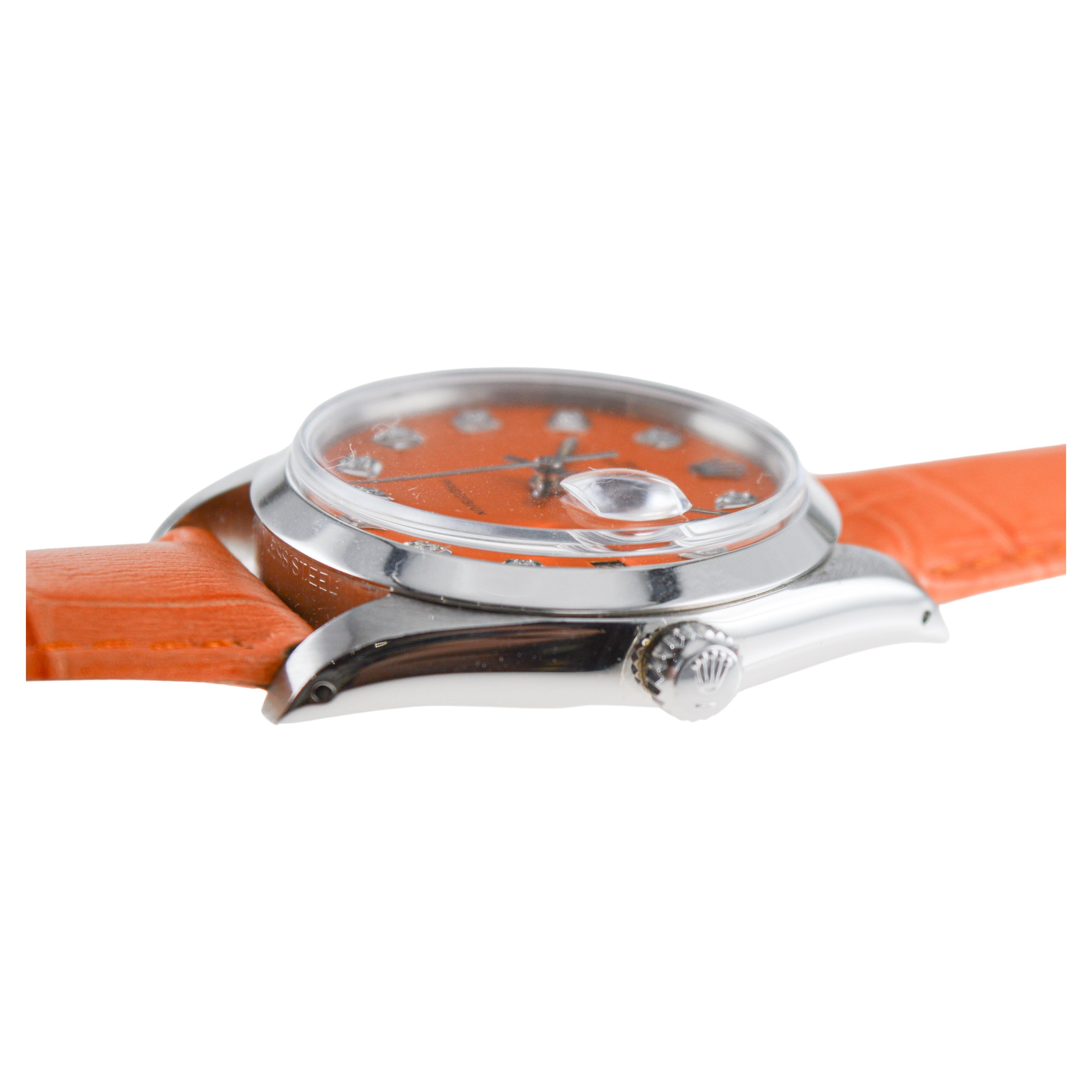 Rolex Steel Oysterdate with Custom Orange Dial and Diamond Markers circa, 1980's For Sale 5