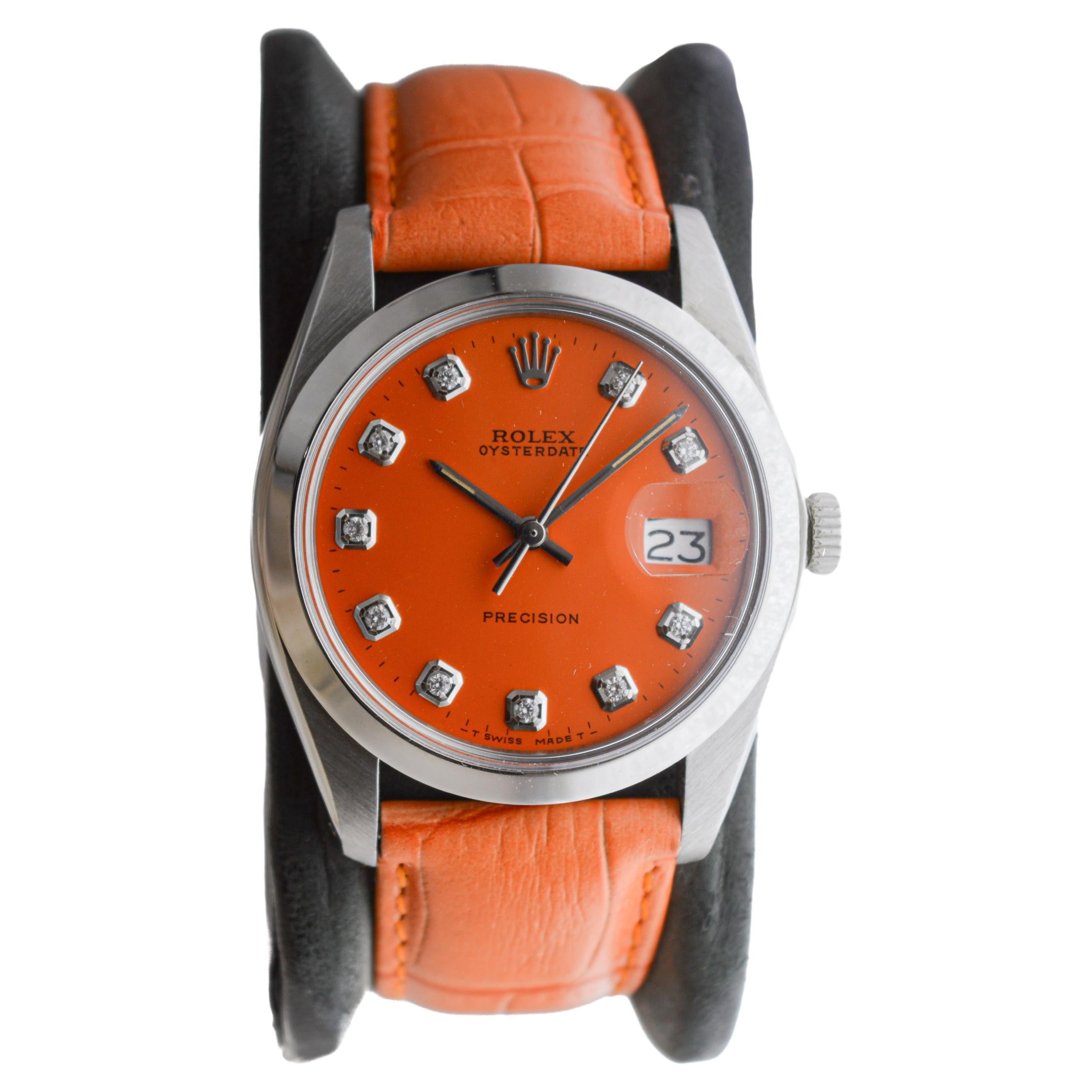 Modern Rolex Steel Oysterdate with Custom Orange Dial and Diamond Markers circa, 1980's For Sale
