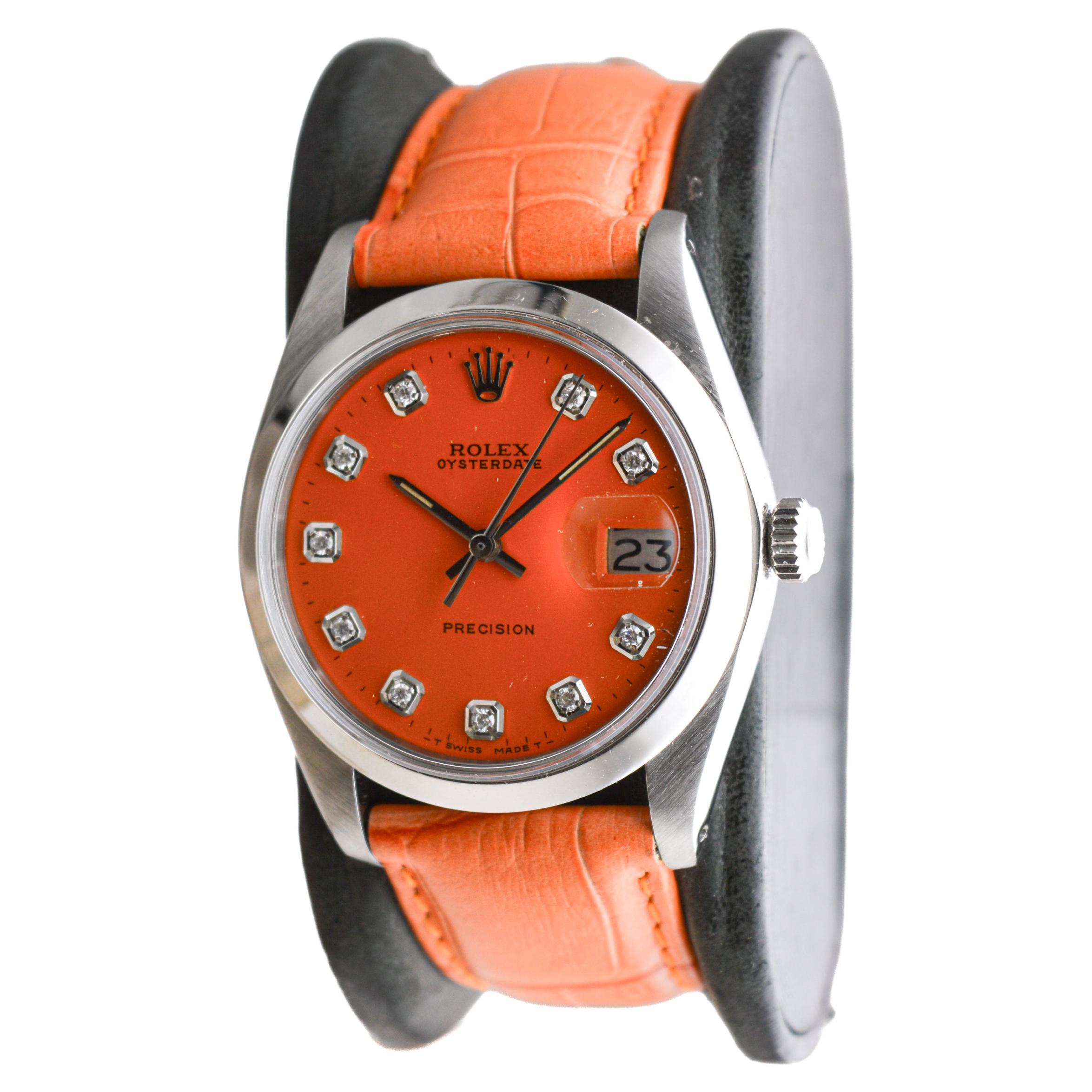Women's or Men's Rolex Steel Oysterdate with Custom Orange Dial and Diamond Markers circa, 1980's