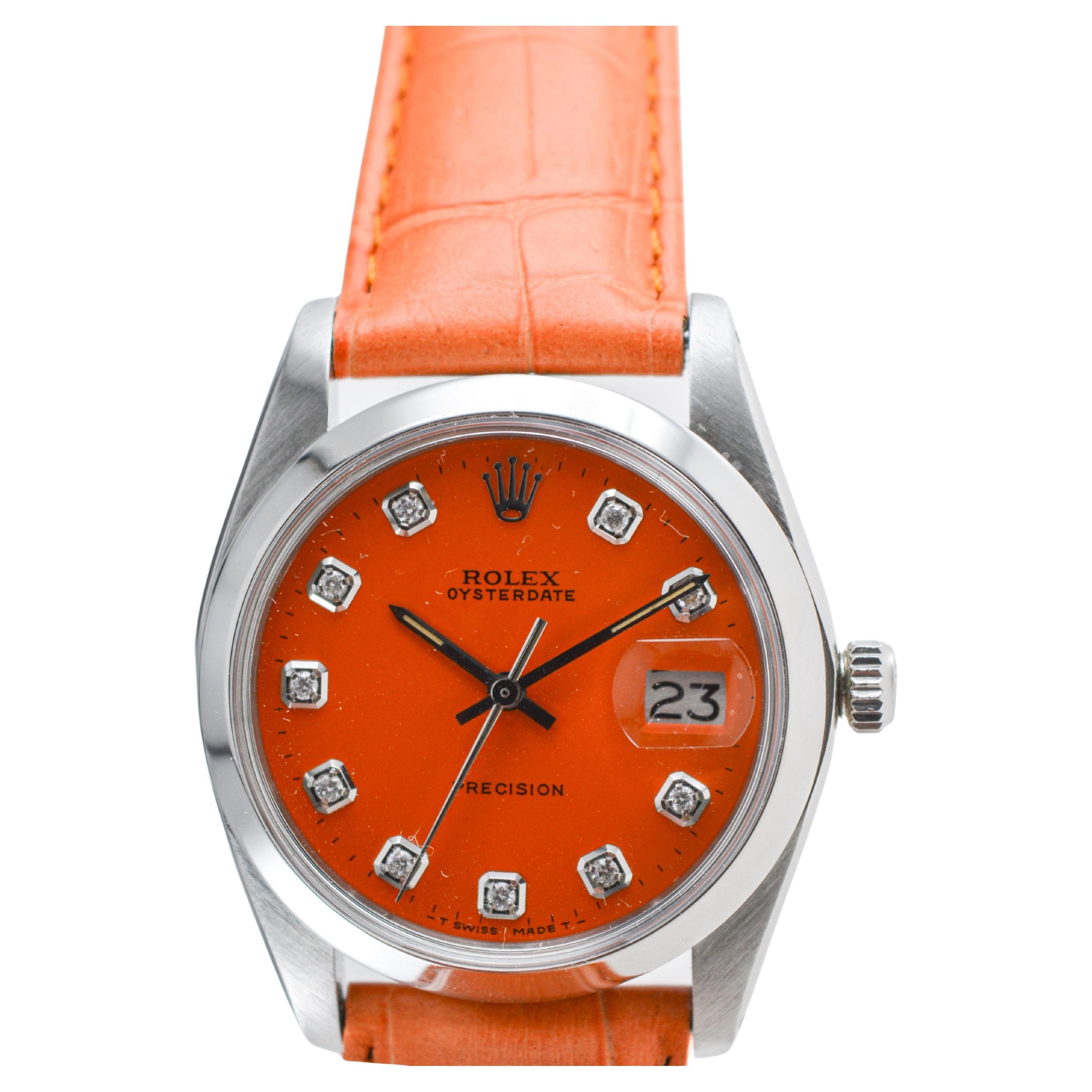 Rolex Steel Oysterdate with Custom Orange Dial and Diamond Markers circa, 1980's For Sale 1