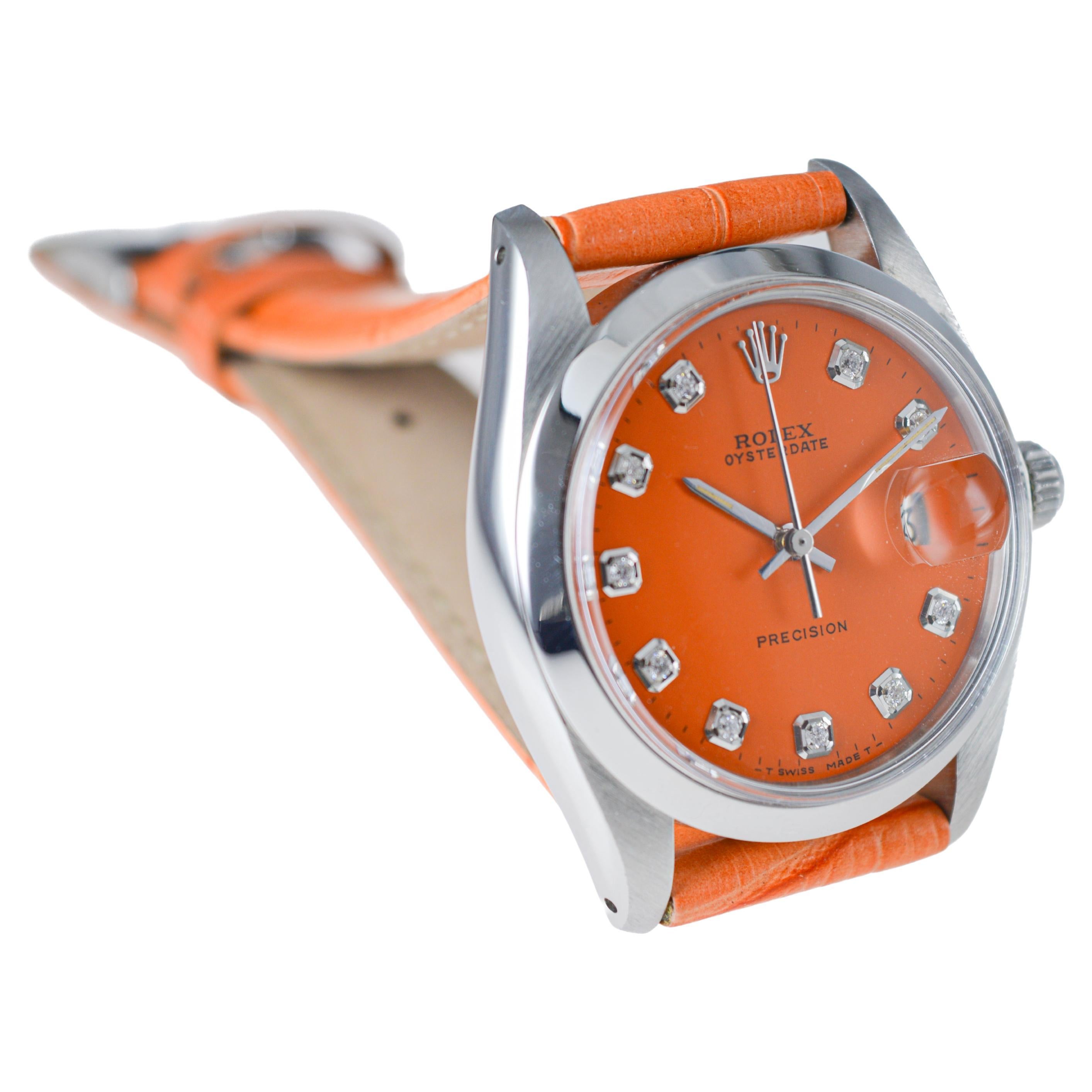 Rolex Steel Oysterdate with Custom Orange Dial and Diamond Markers circa, 1980's For Sale 2