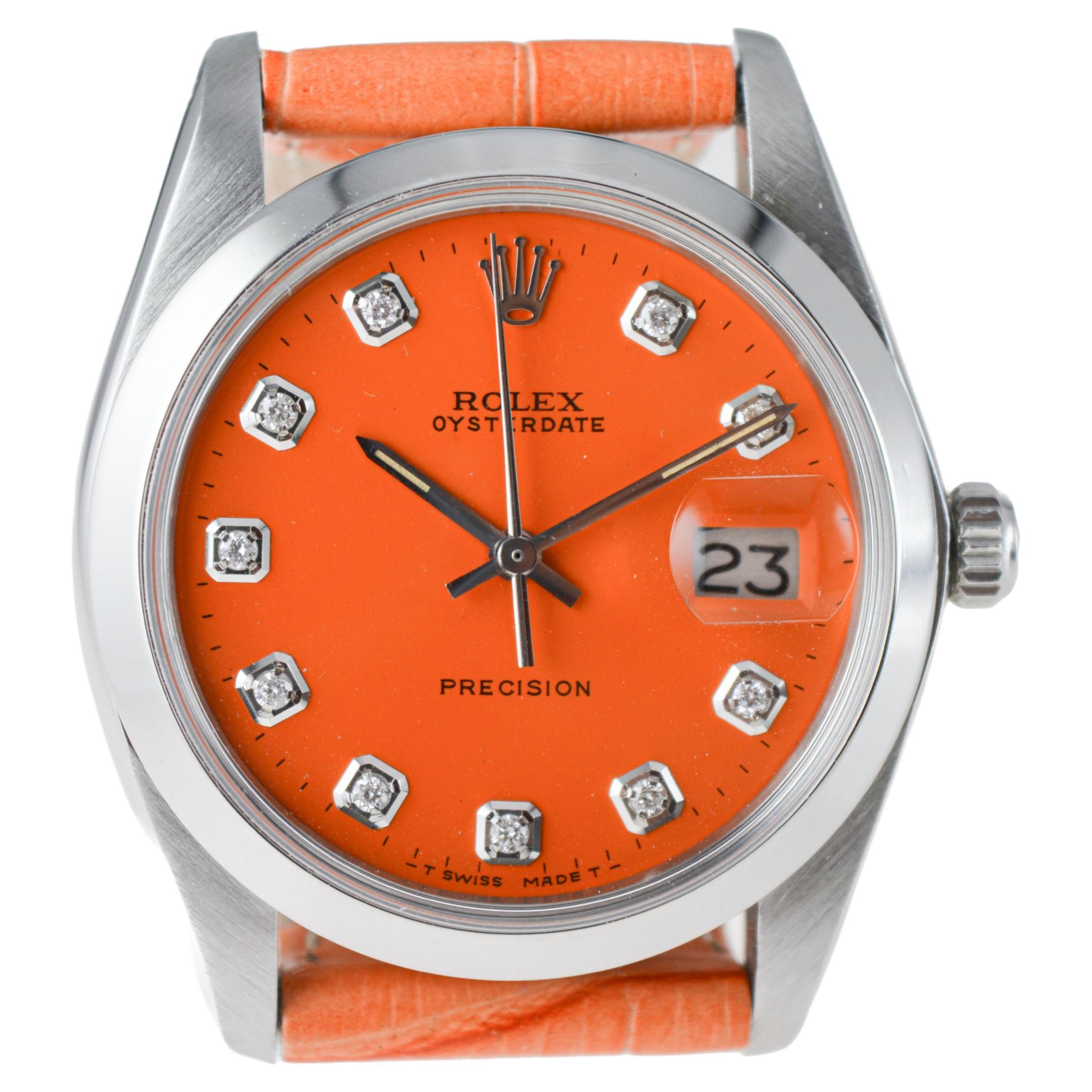 Rolex Steel Oysterdate with Custom Orange Dial and Diamond Markers circa, 1980's For Sale 3