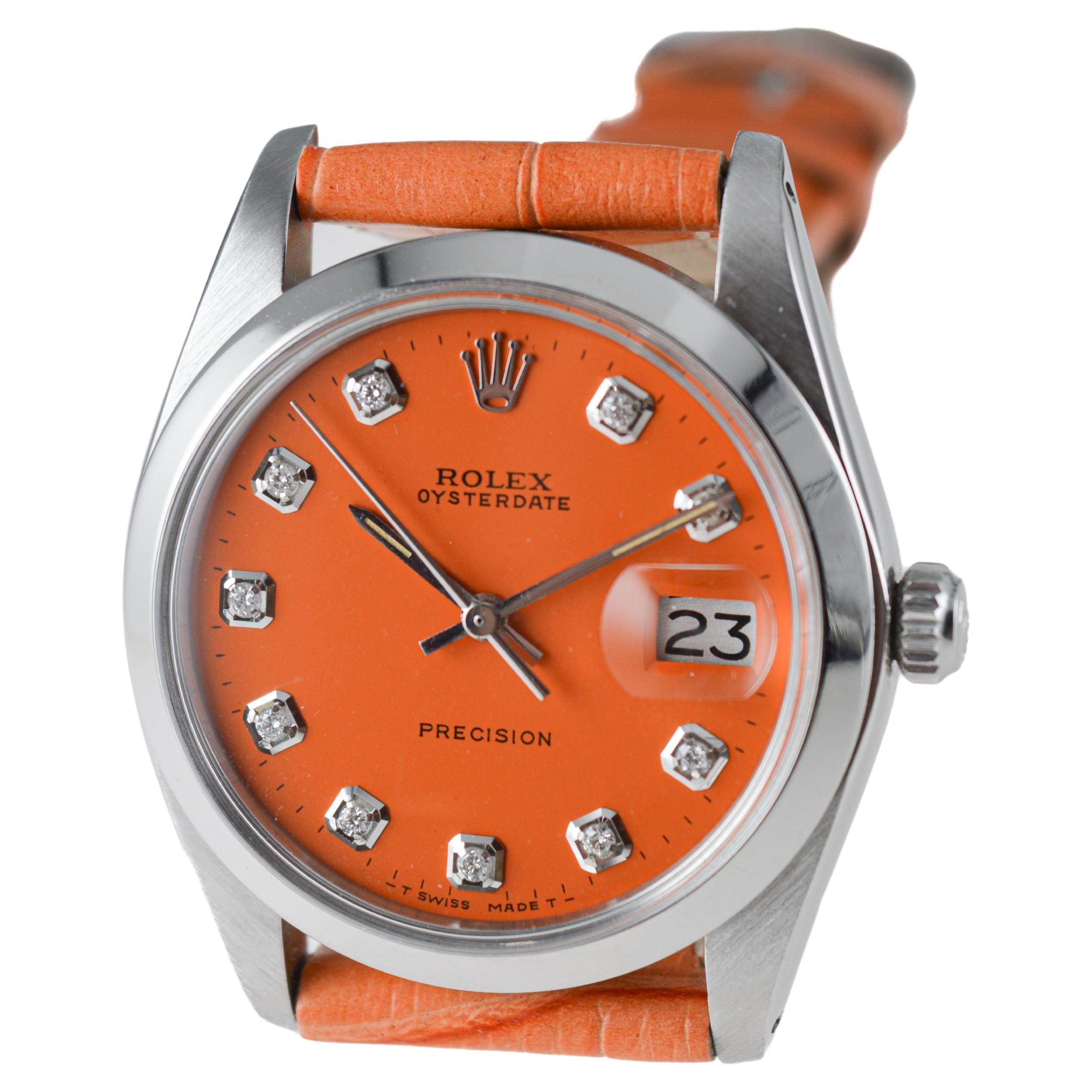 Rolex Steel Oysterdate with Custom Orange Dial and Diamond Markers circa, 1980's For Sale 4