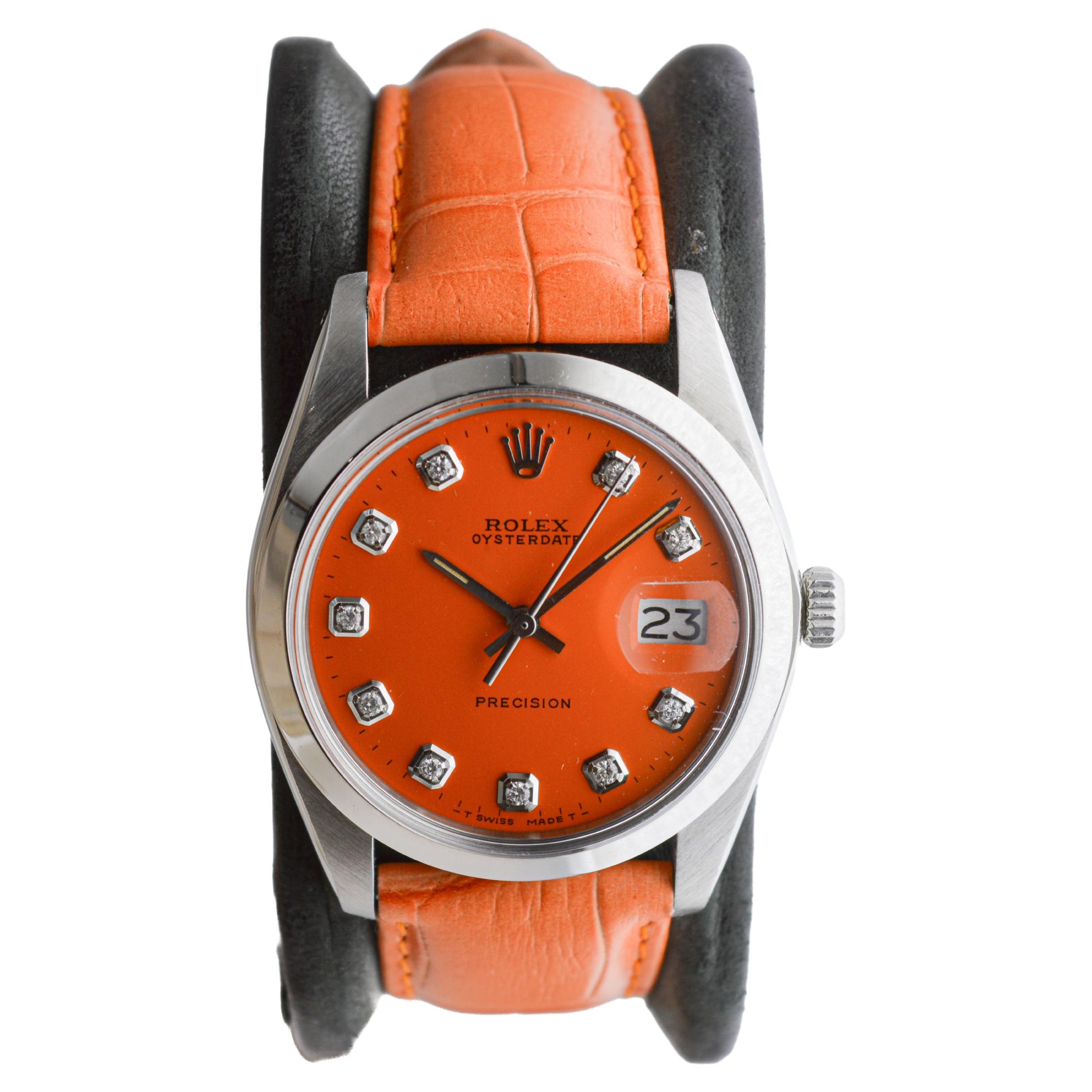 Rolex Steel Oysterdate with Custom Orange Dial and Diamond Markers circa, 1980's For Sale