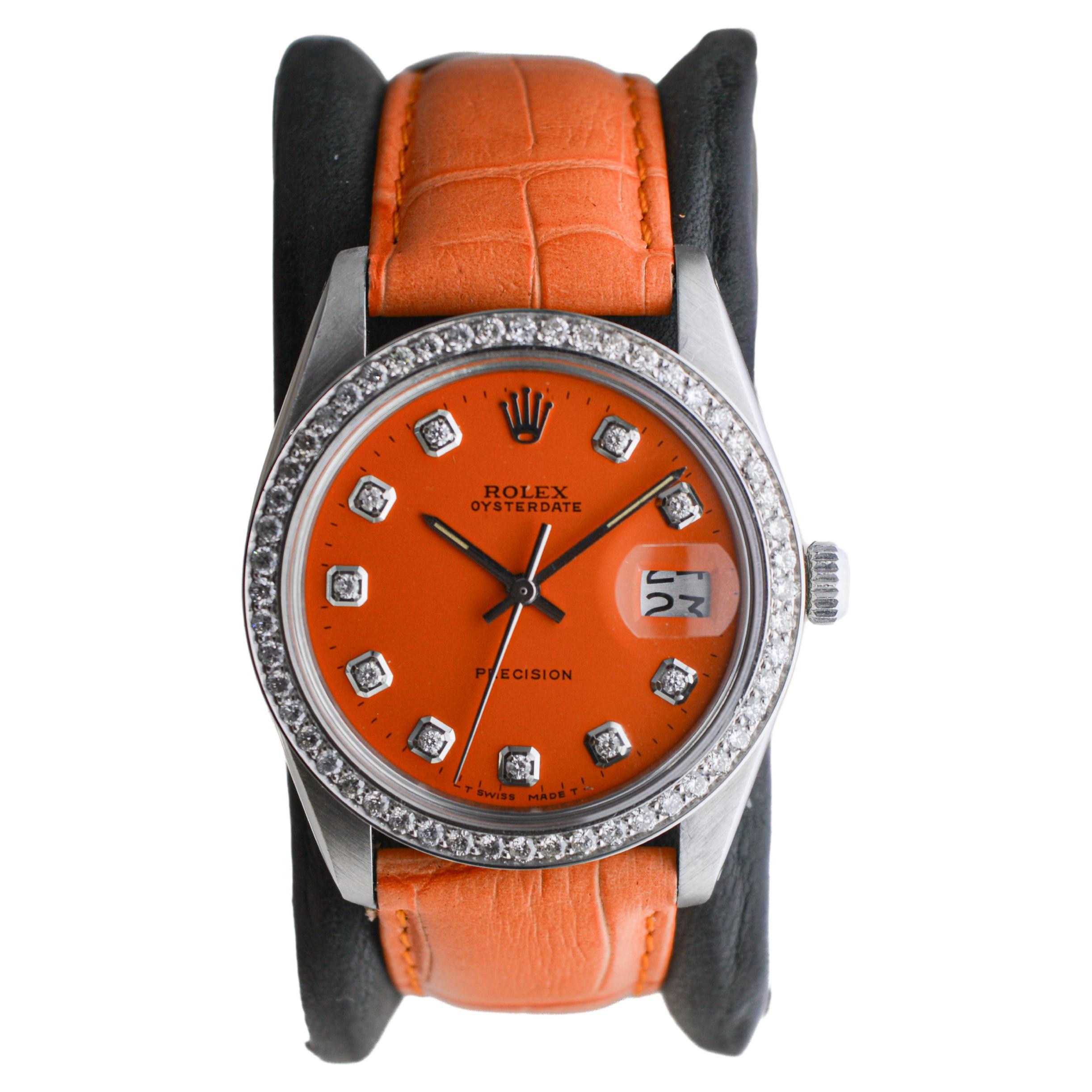 Modern Rolex Steel Oysterdate with Custom Orange Diamond Dial and Bezel circa, 1970's For Sale