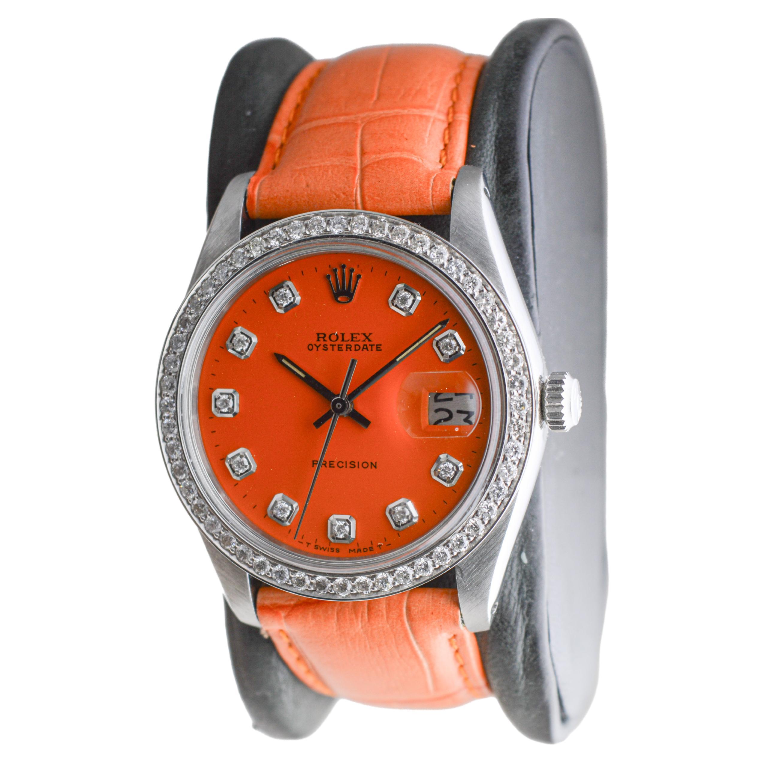 Rolex Steel Oysterdate with Custom Orange Diamond Dial and Bezel circa, 1970's In Excellent Condition For Sale In Long Beach, CA