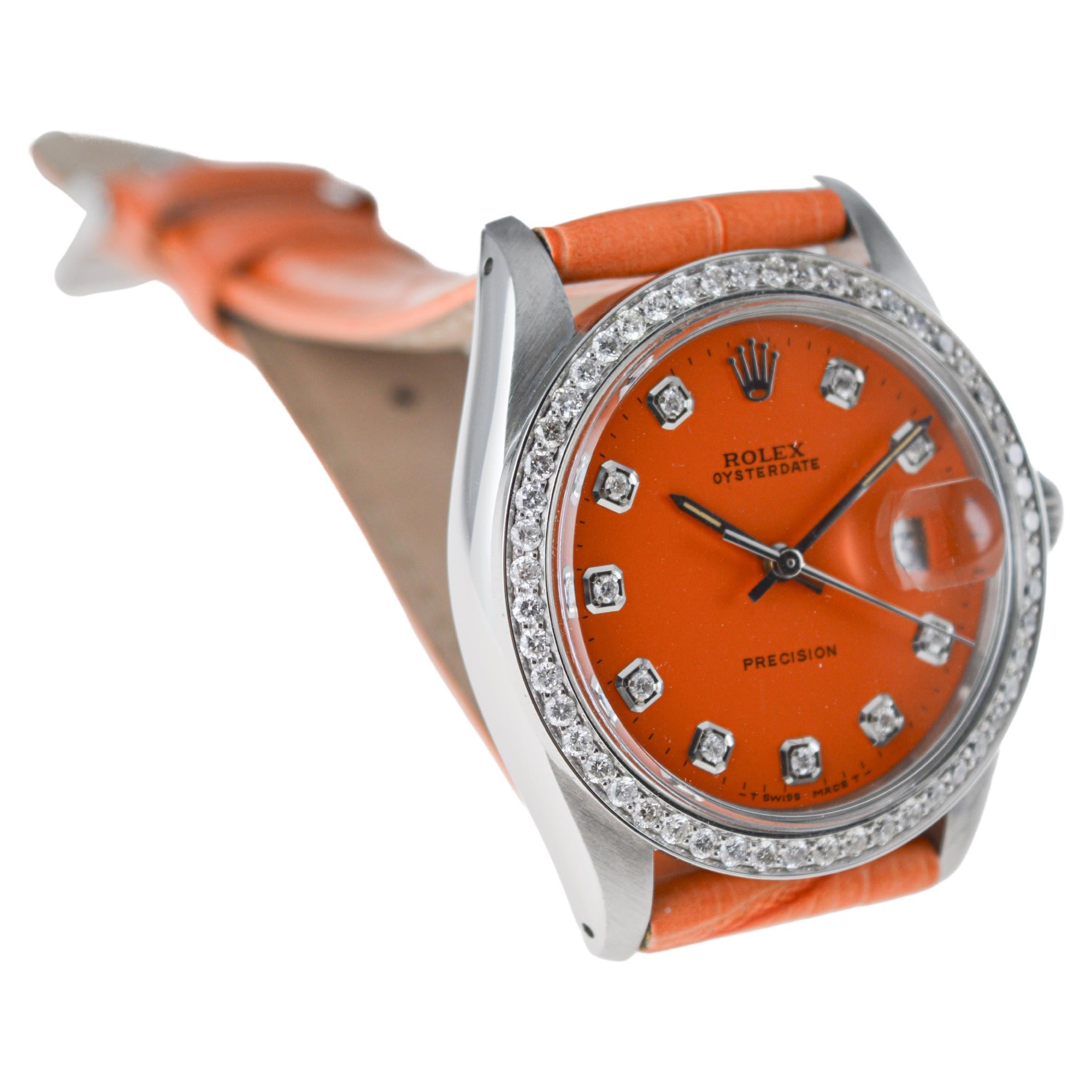 Women's or Men's Rolex Steel Oysterdate with Custom Orange Diamond Dial and Bezel circa, 1970's For Sale