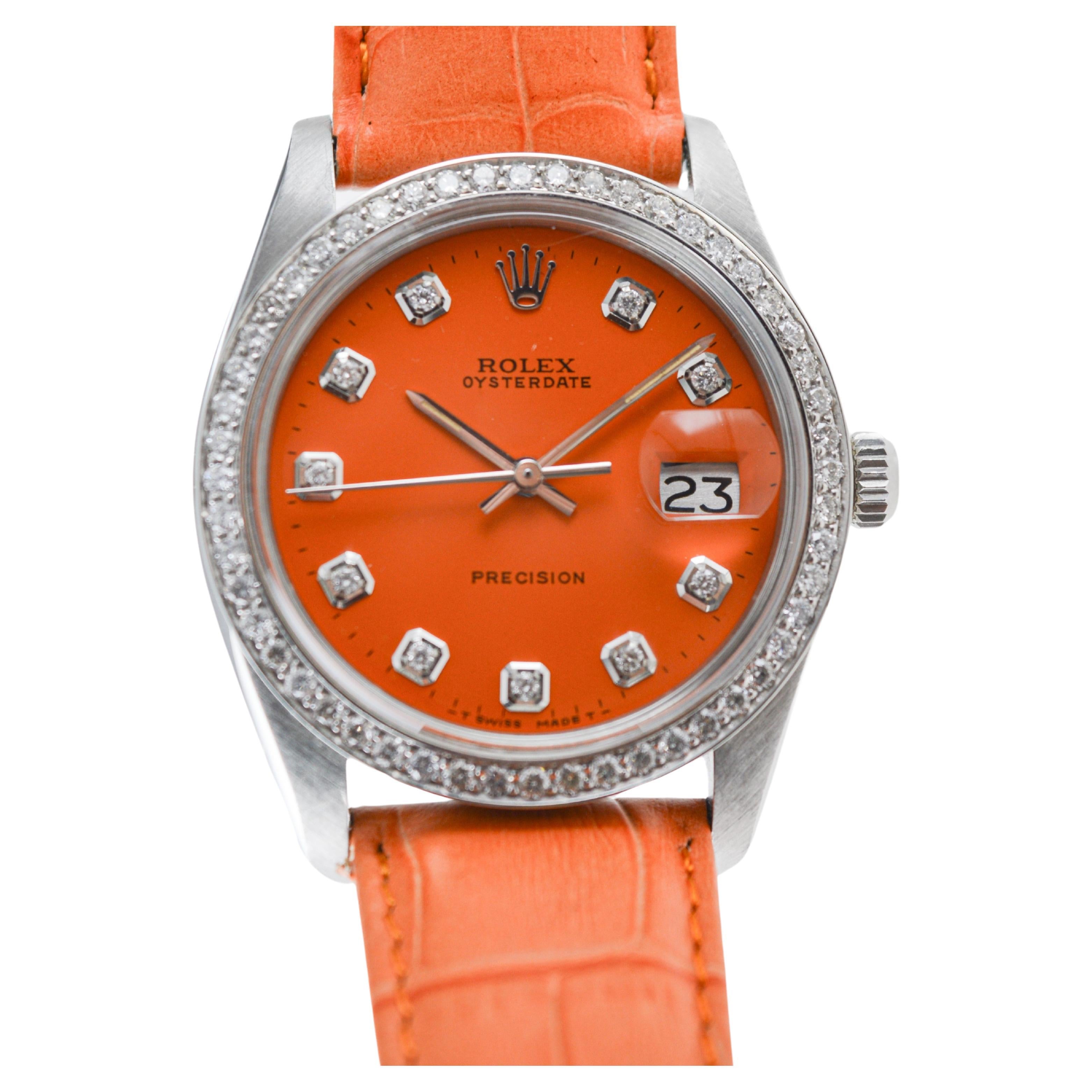 Rolex Steel Oysterdate with Custom Orange Diamond Dial and Bezel circa, 1970's For Sale 1