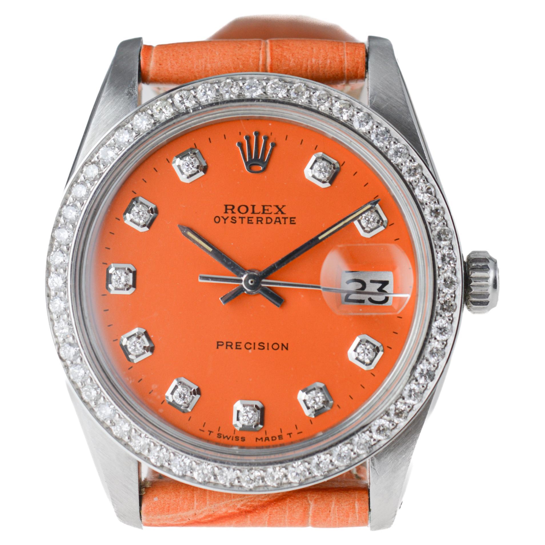 Rolex Steel Oysterdate with Custom Orange Diamond Dial and Bezel circa, 1970's For Sale 2