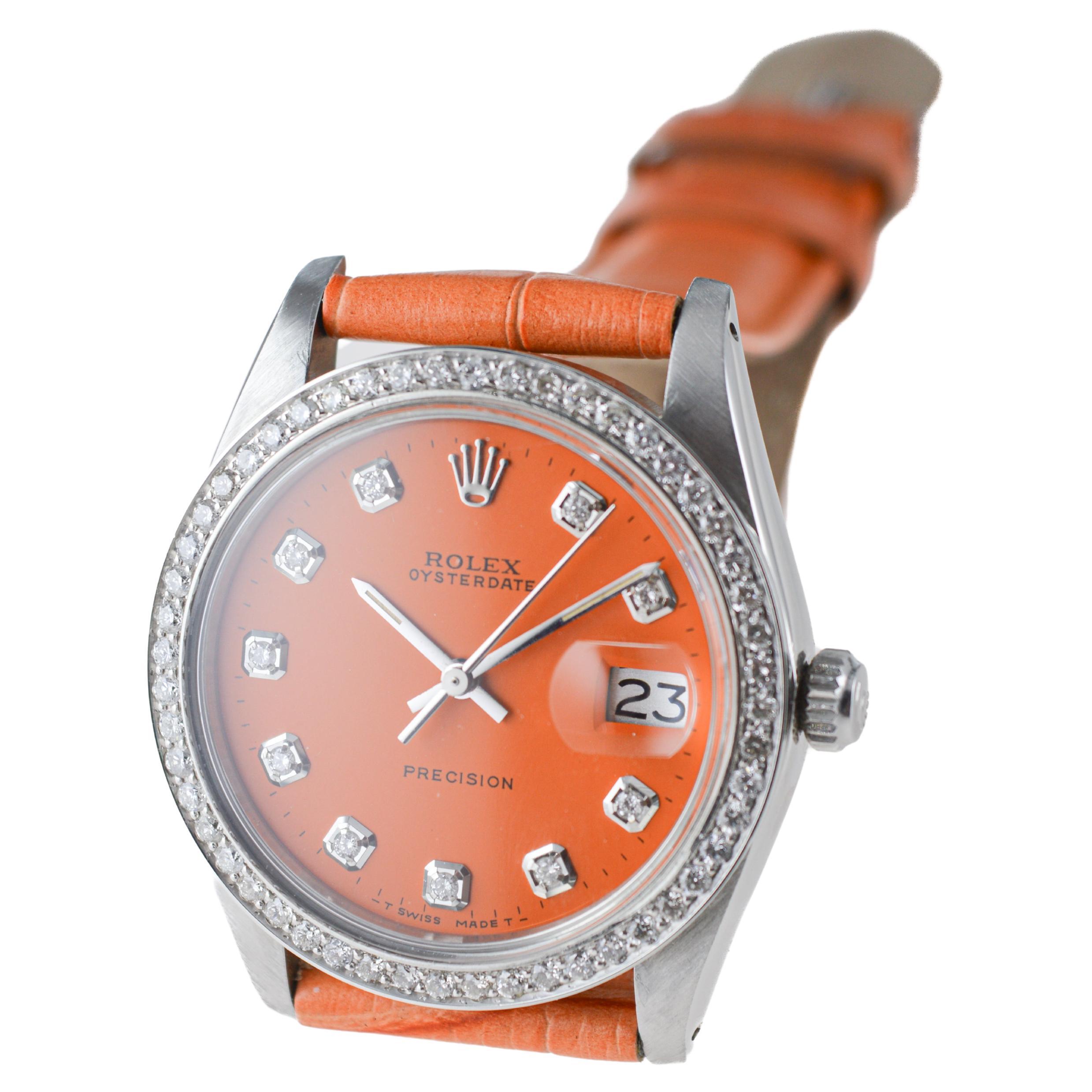 Rolex Steel Oysterdate with Custom Orange Diamond Dial and Bezel circa, 1970's For Sale 3