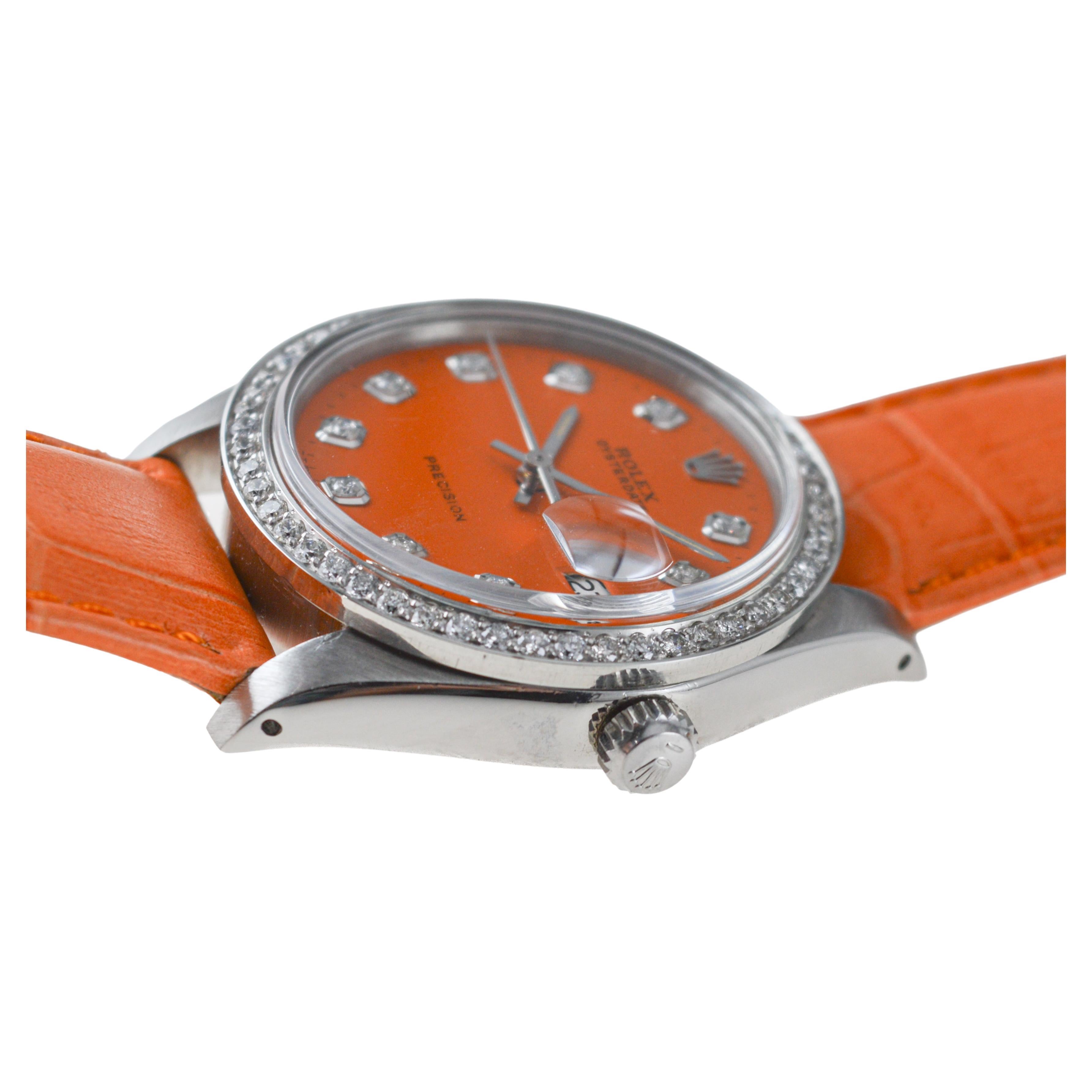 Rolex Steel Oysterdate with Custom Orange Diamond Dial and Bezel circa, 1970's For Sale 4