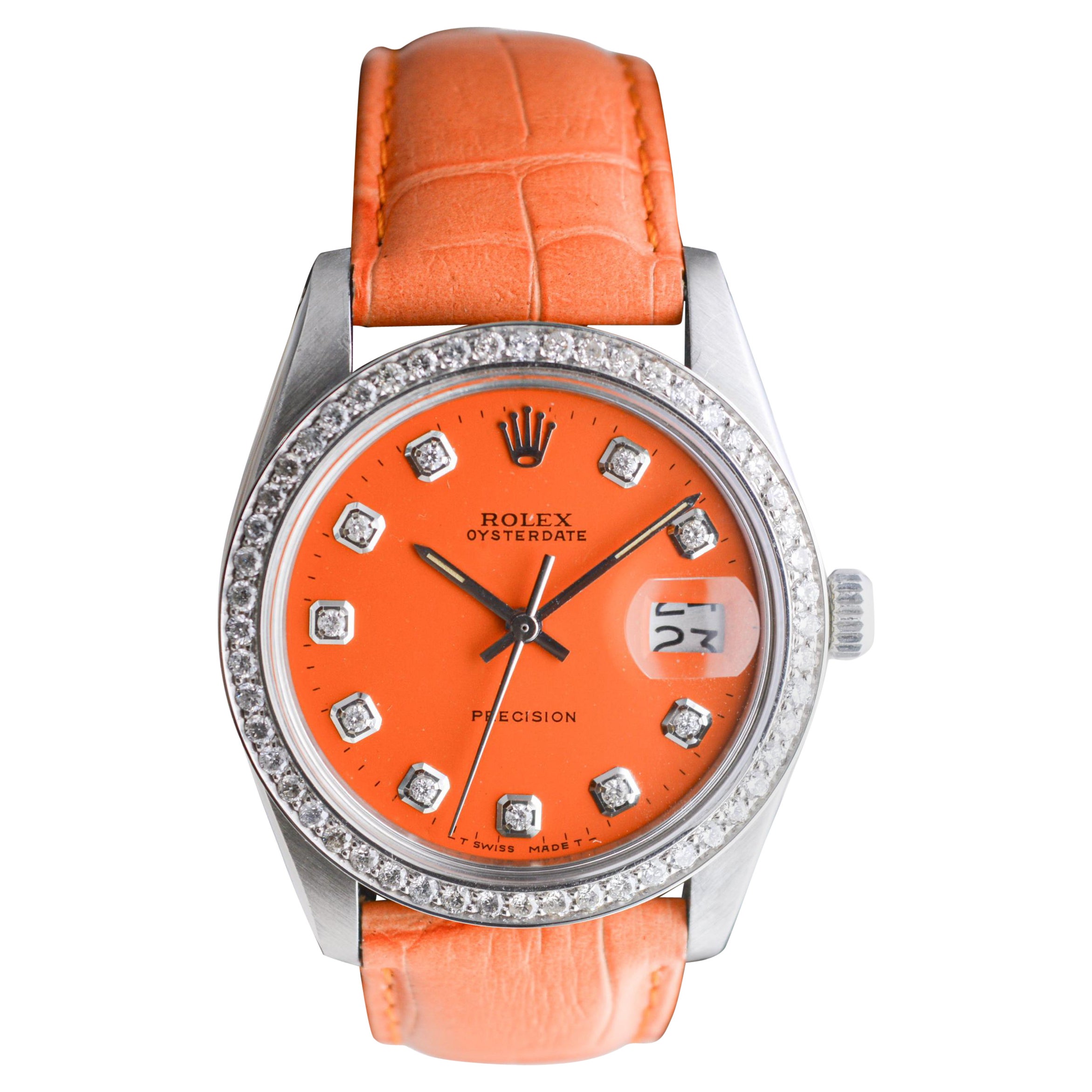Rolex Steel Oysterdate with Custom Orange Diamond Dial and Bezel circa, 1970
s