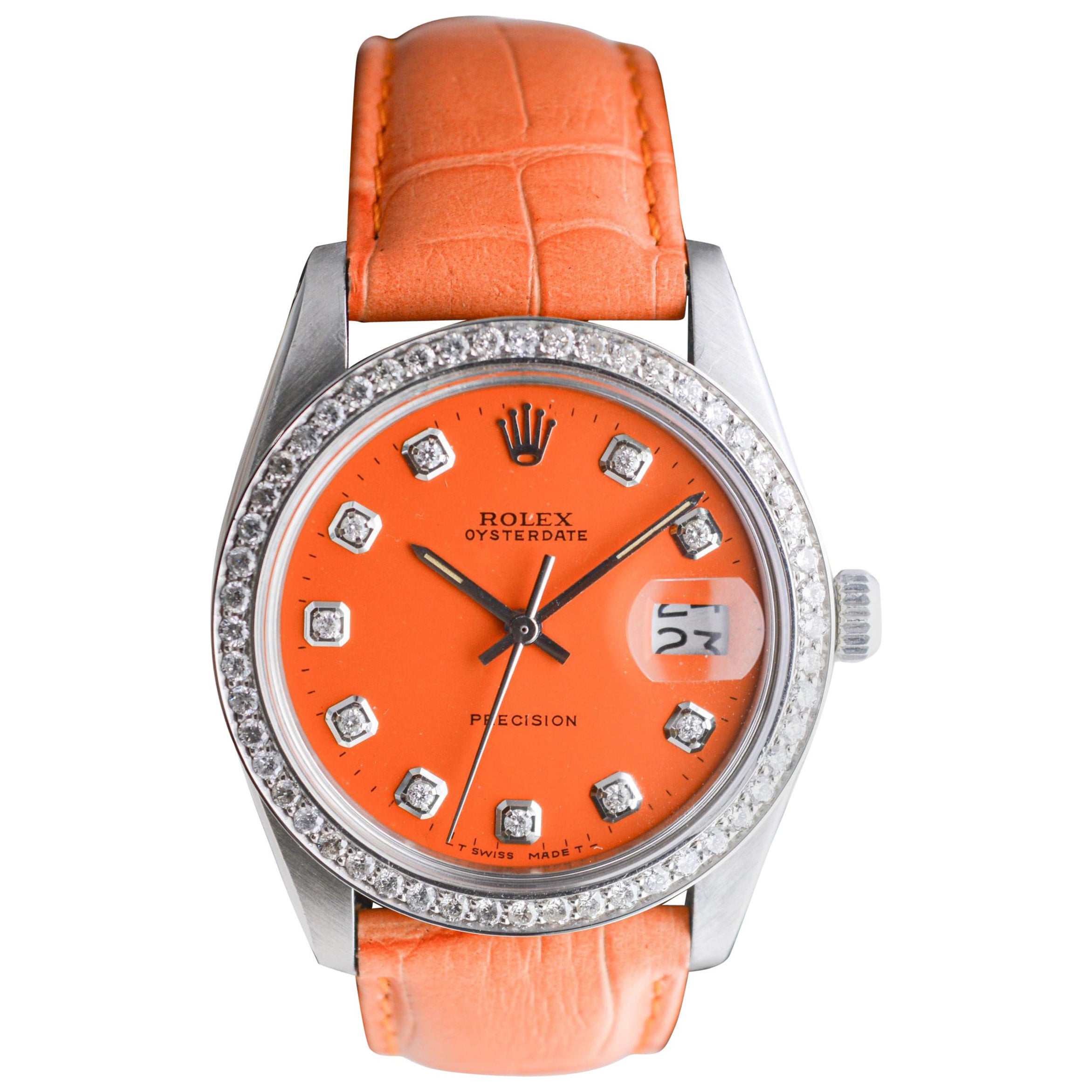 Rolex Steel Oysterdate with Custom Orange Diamond Dial and Bezel circa, 1970
s
