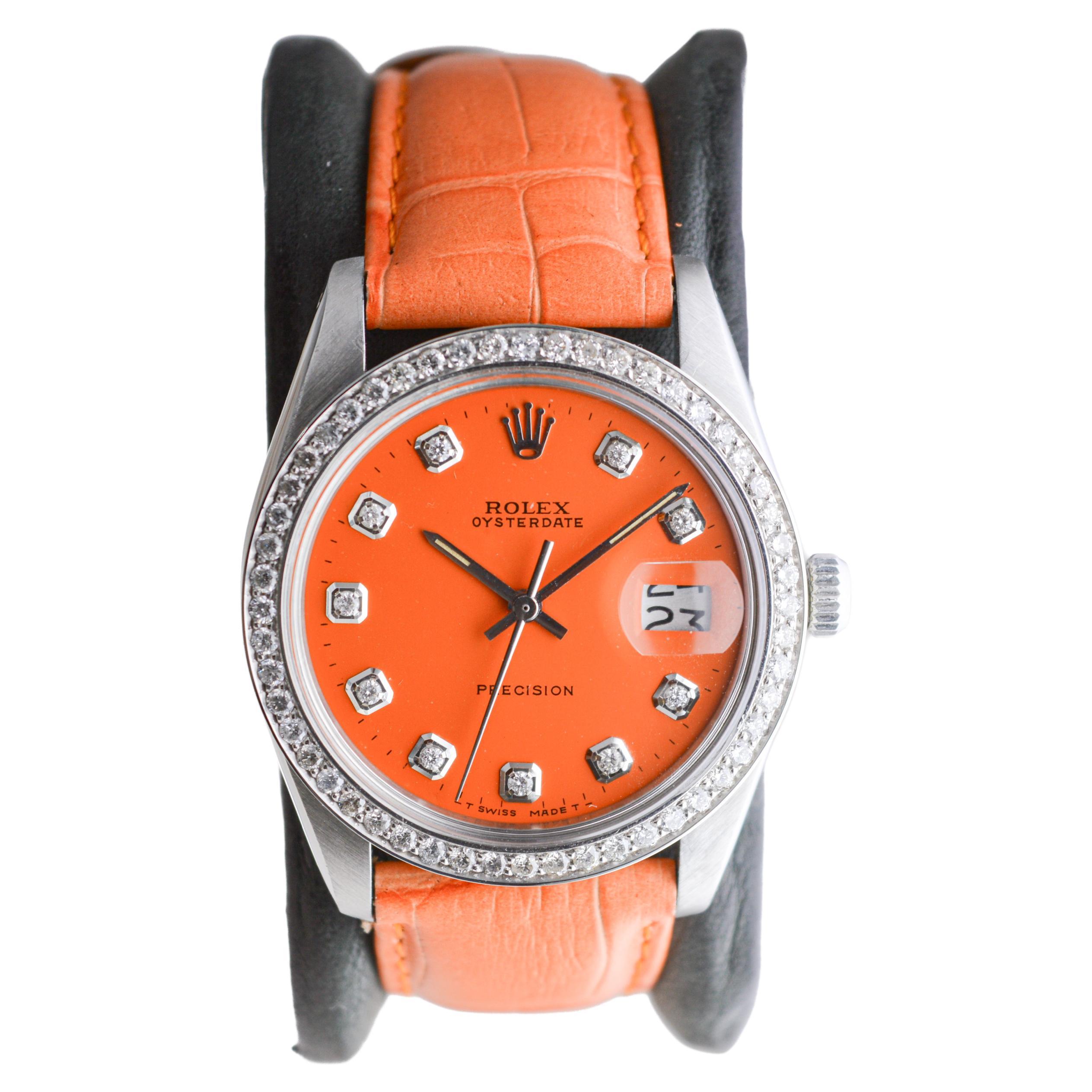 Rolex Steel Oysterdate with Custom Orange Diamond Dial and Bezel circa, 1970's For Sale