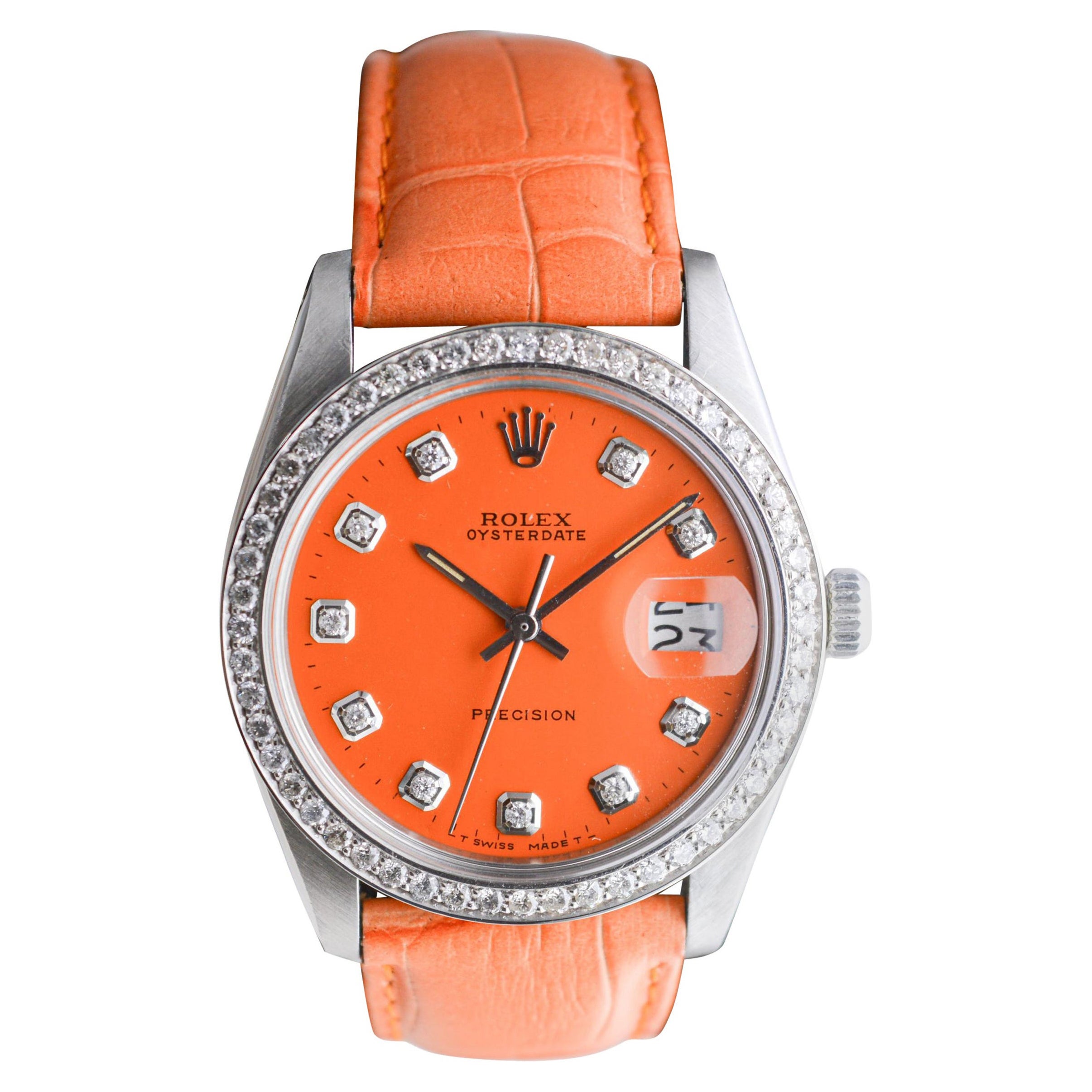 Rolex Oysterdate en acier avec cadran et lunette à diamants orange personnalisés, circa, 1970
