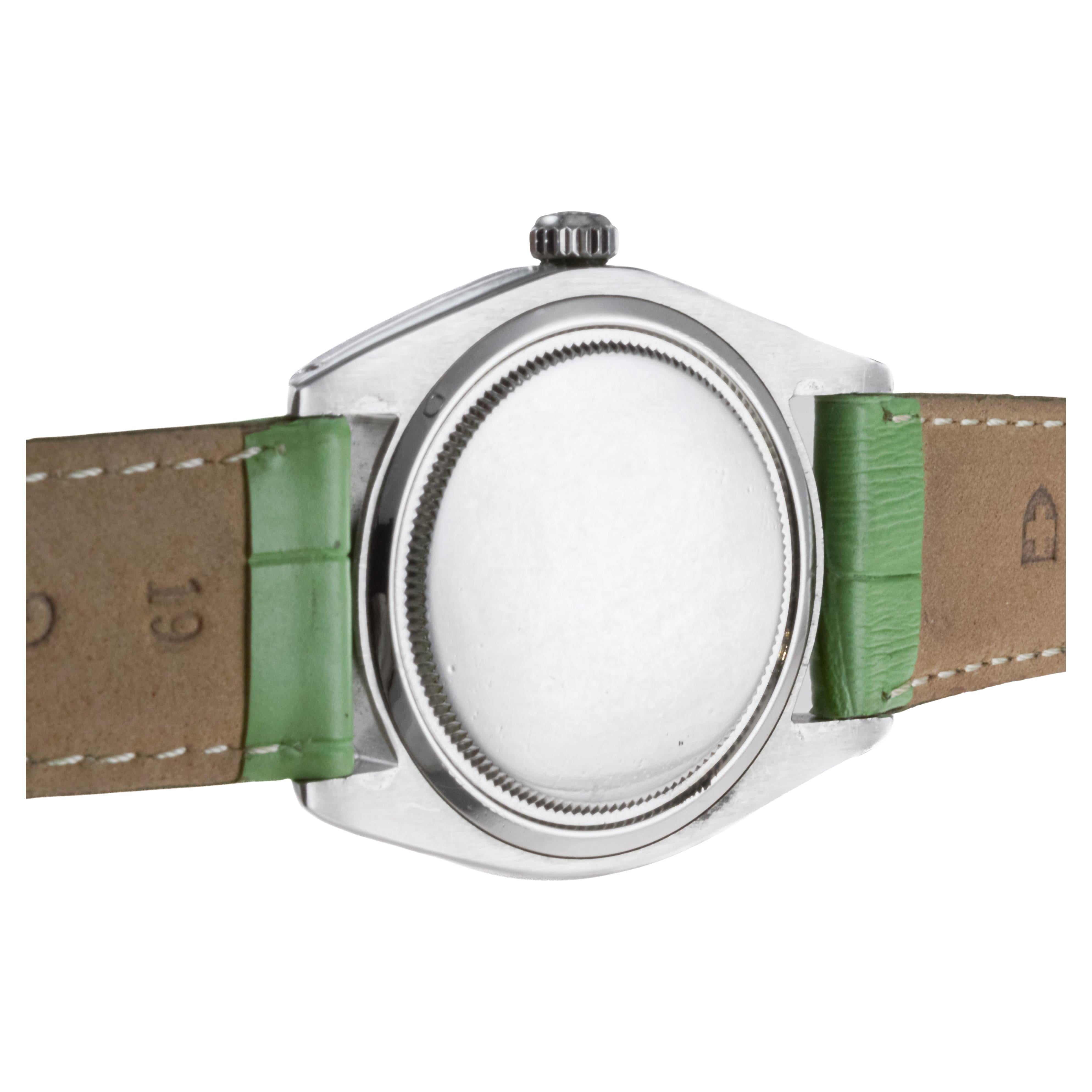 Rolex Steel Oysterdate with Custom Pistachio Green Dial and Diamond Markers For Sale 5