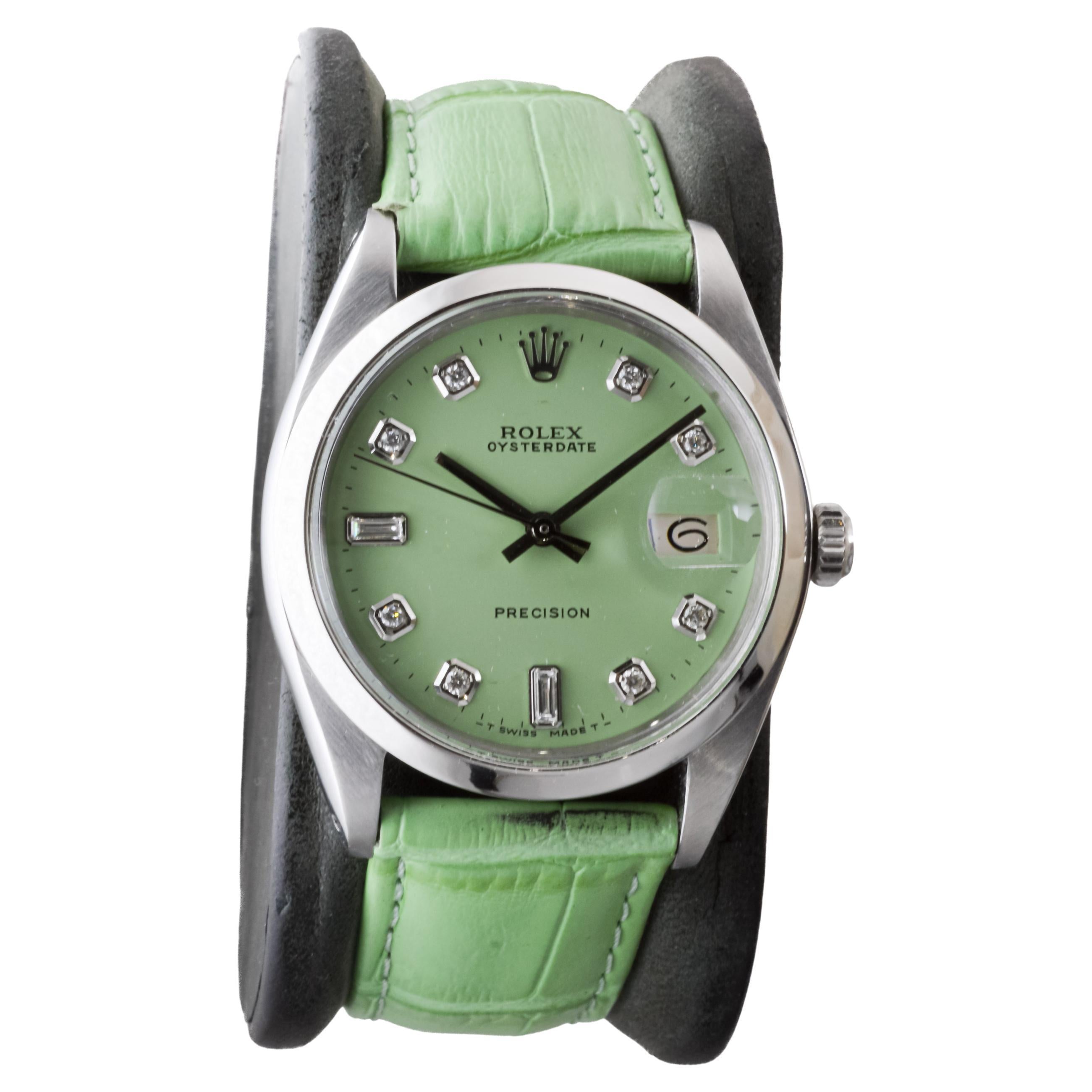 Modern Rolex Steel Oysterdate with Custom Pistachio Green Dial and Diamond Markers For Sale