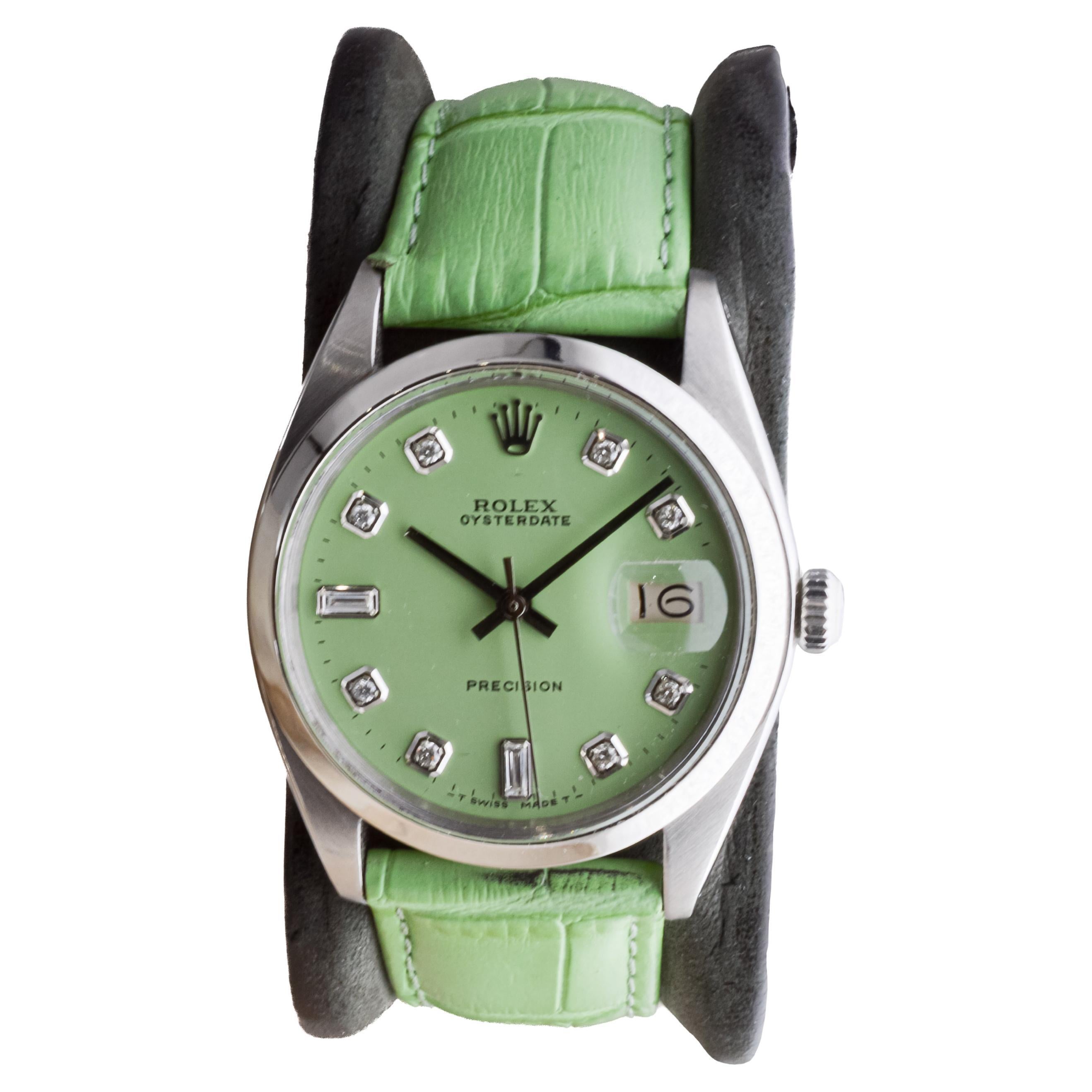 Rolex Steel Oysterdate with Custom Pistachio Green Dial and Diamond Markers In Excellent Condition For Sale In Long Beach, CA