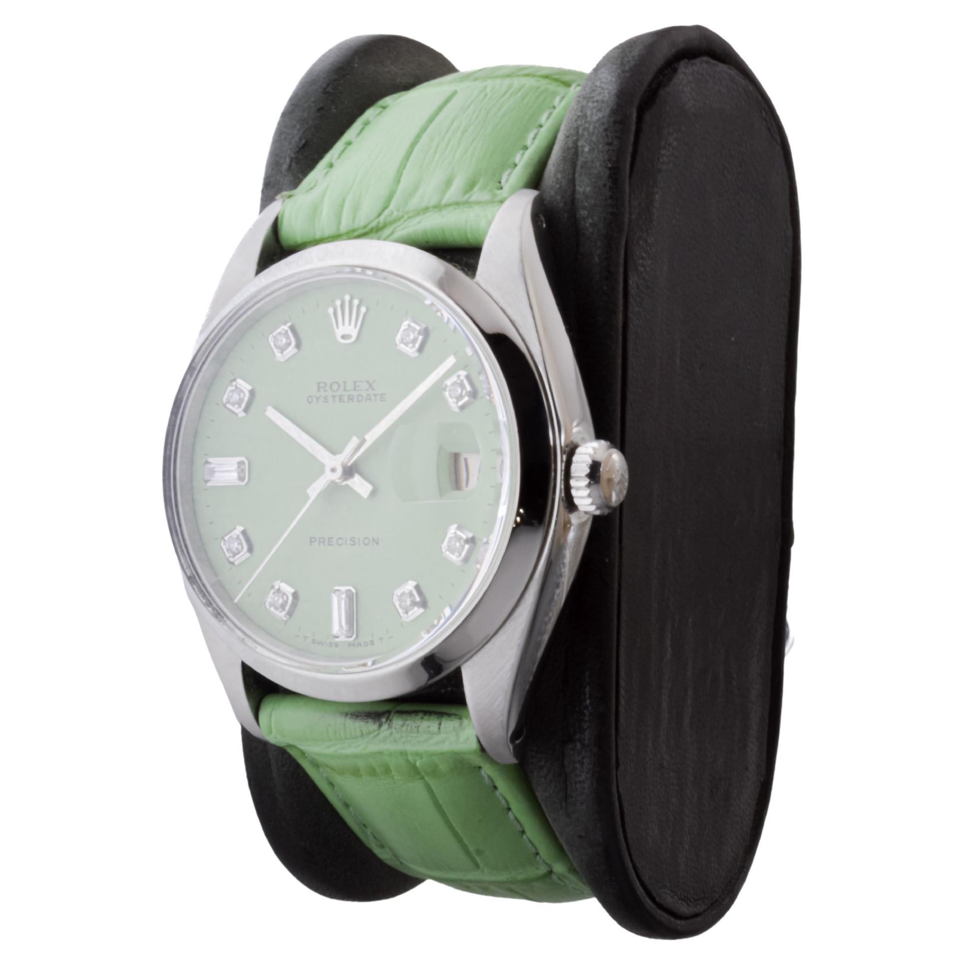 Women's or Men's Rolex Steel Oysterdate with Custom Pistachio Green Dial and Diamond Markers For Sale