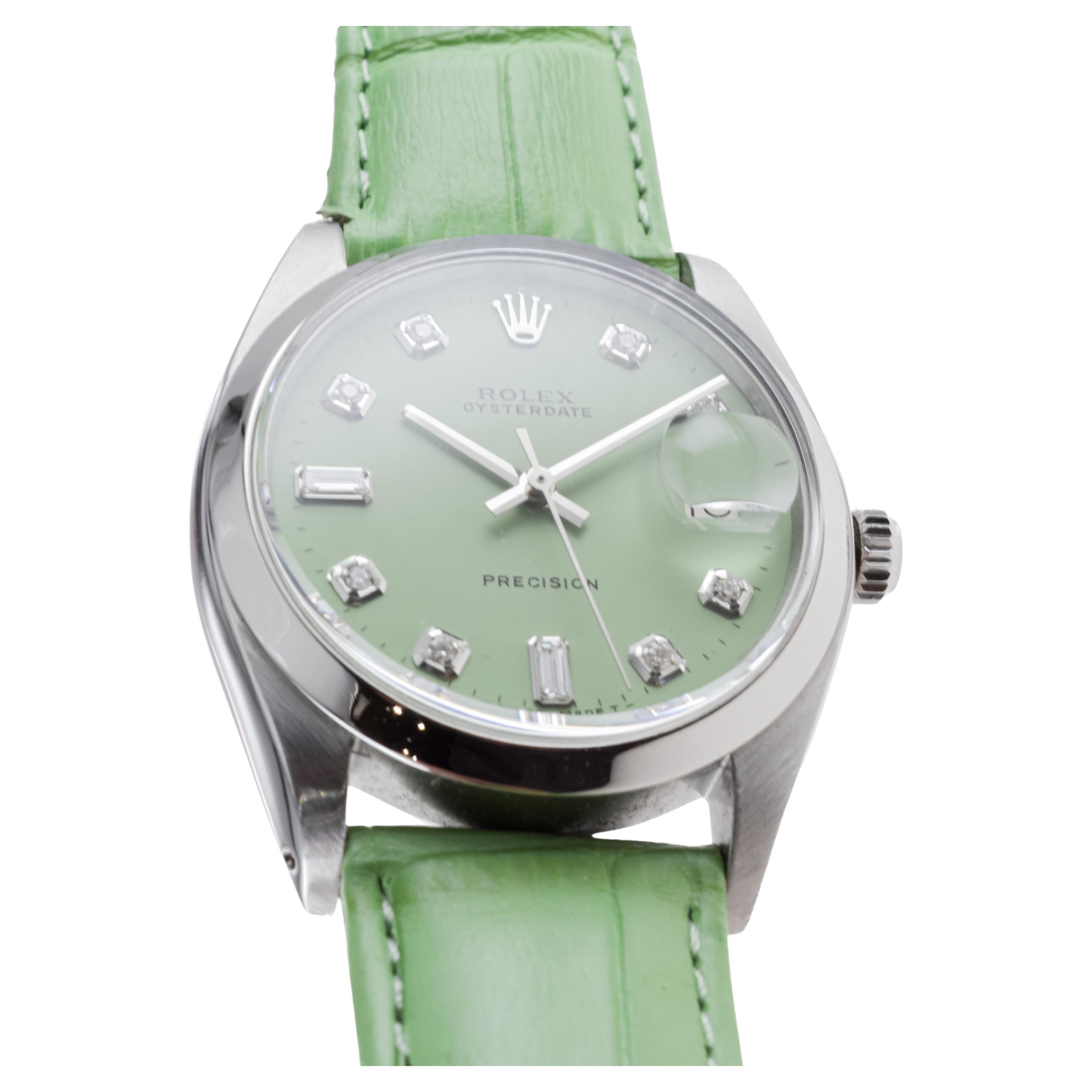Rolex Steel Oysterdate with Custom Pistachio Green Dial and Diamond Markers For Sale 1