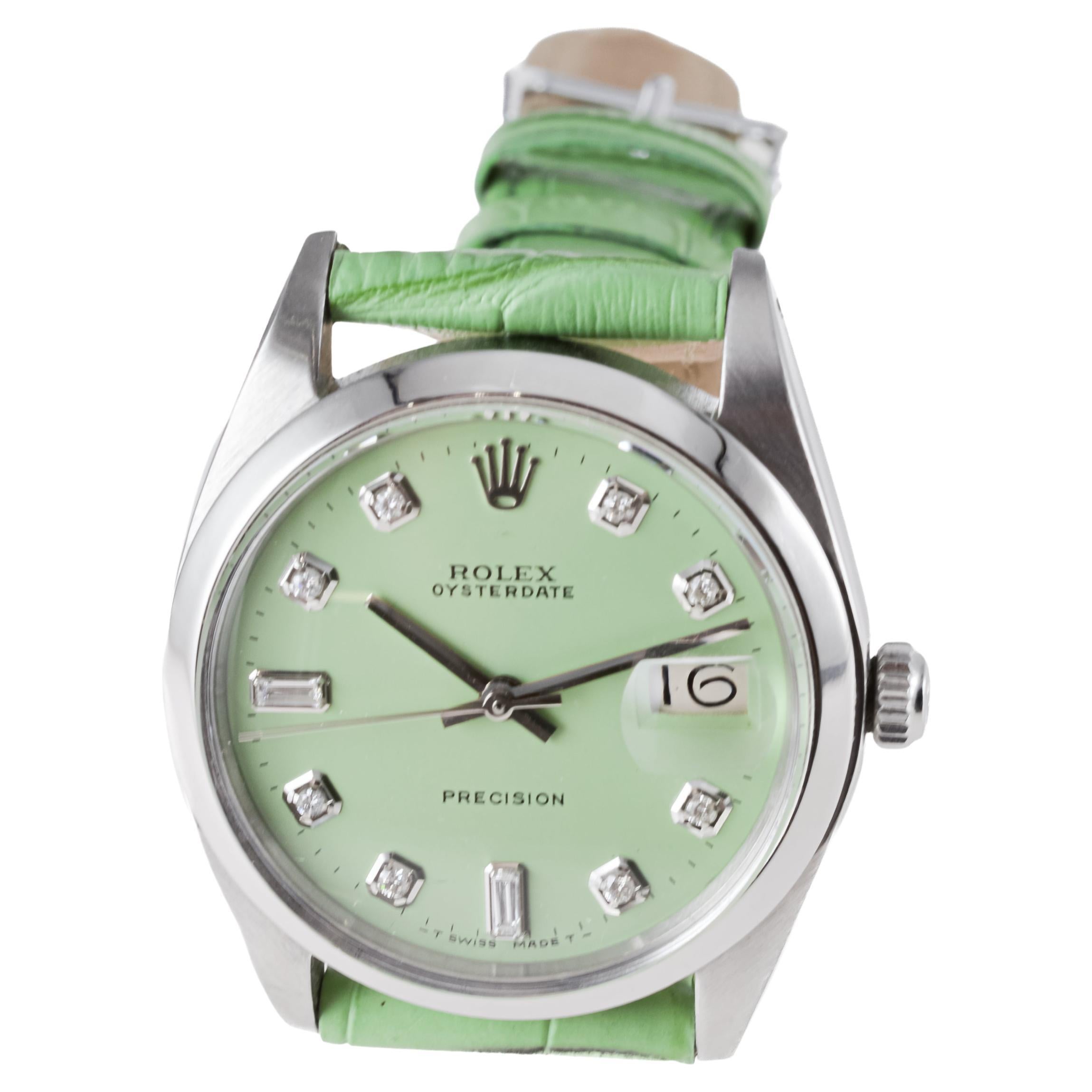 Rolex Steel Oysterdate with Custom Pistachio Green Dial and Diamond Markers For Sale 3